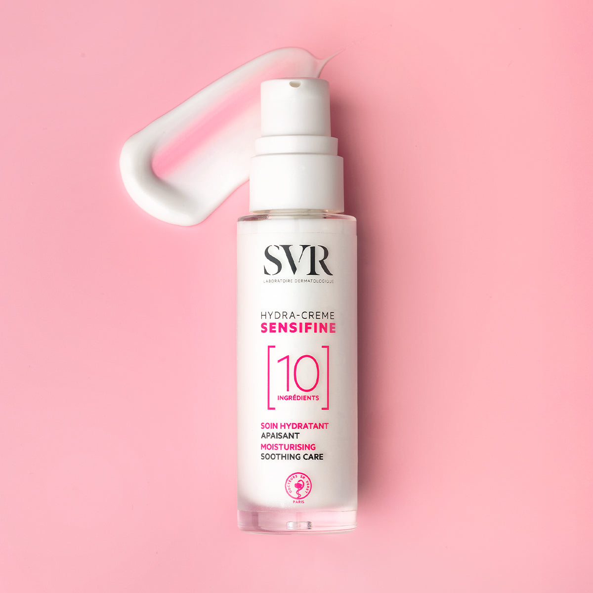 SVR Sensifine Hydra-crème pump bottle with a white cream swatch on a pink background.