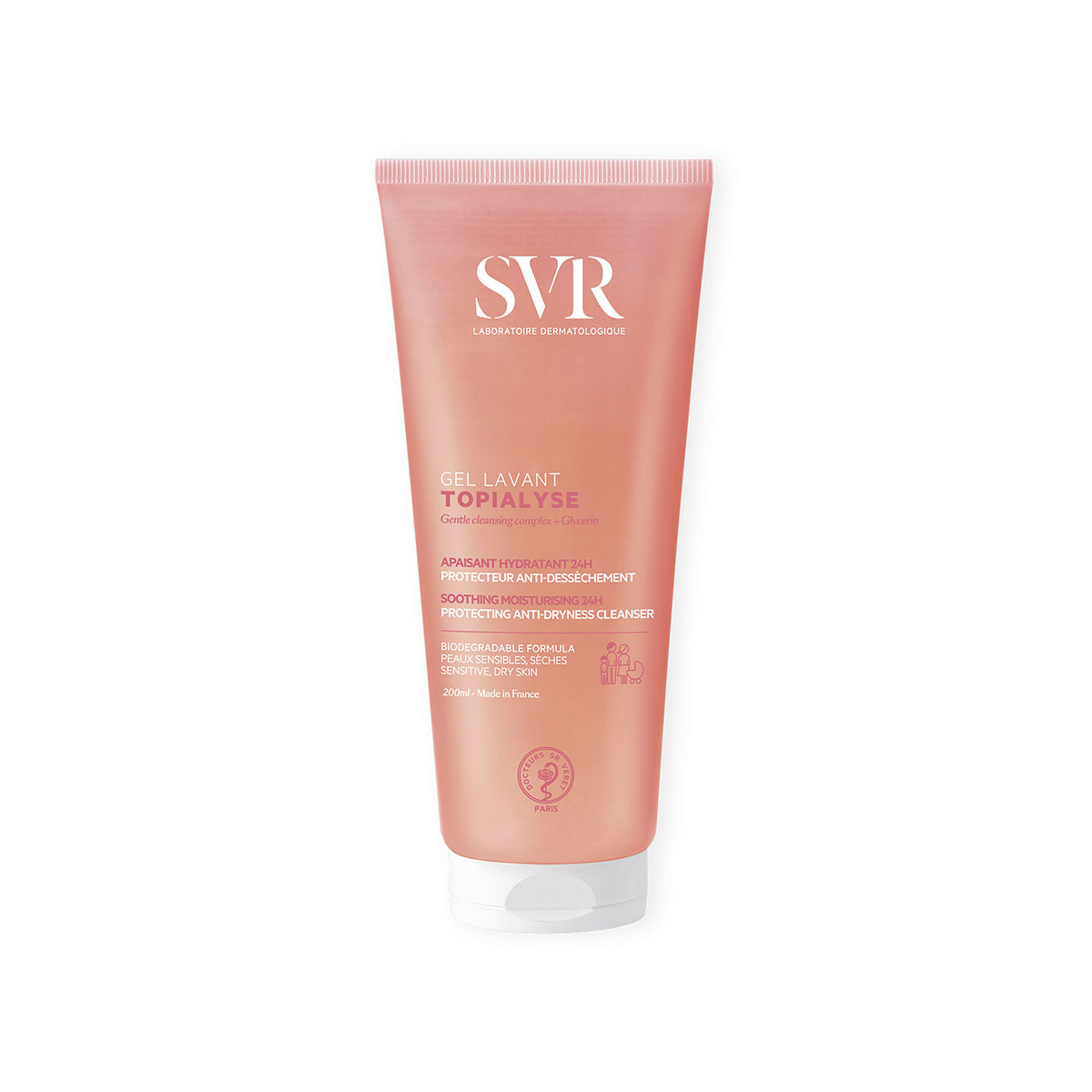 Tube de 200ml de gel lavant SVR Topialyse apaisant et hydratant pour peaux sensibles, dans un emballage rose translucide.