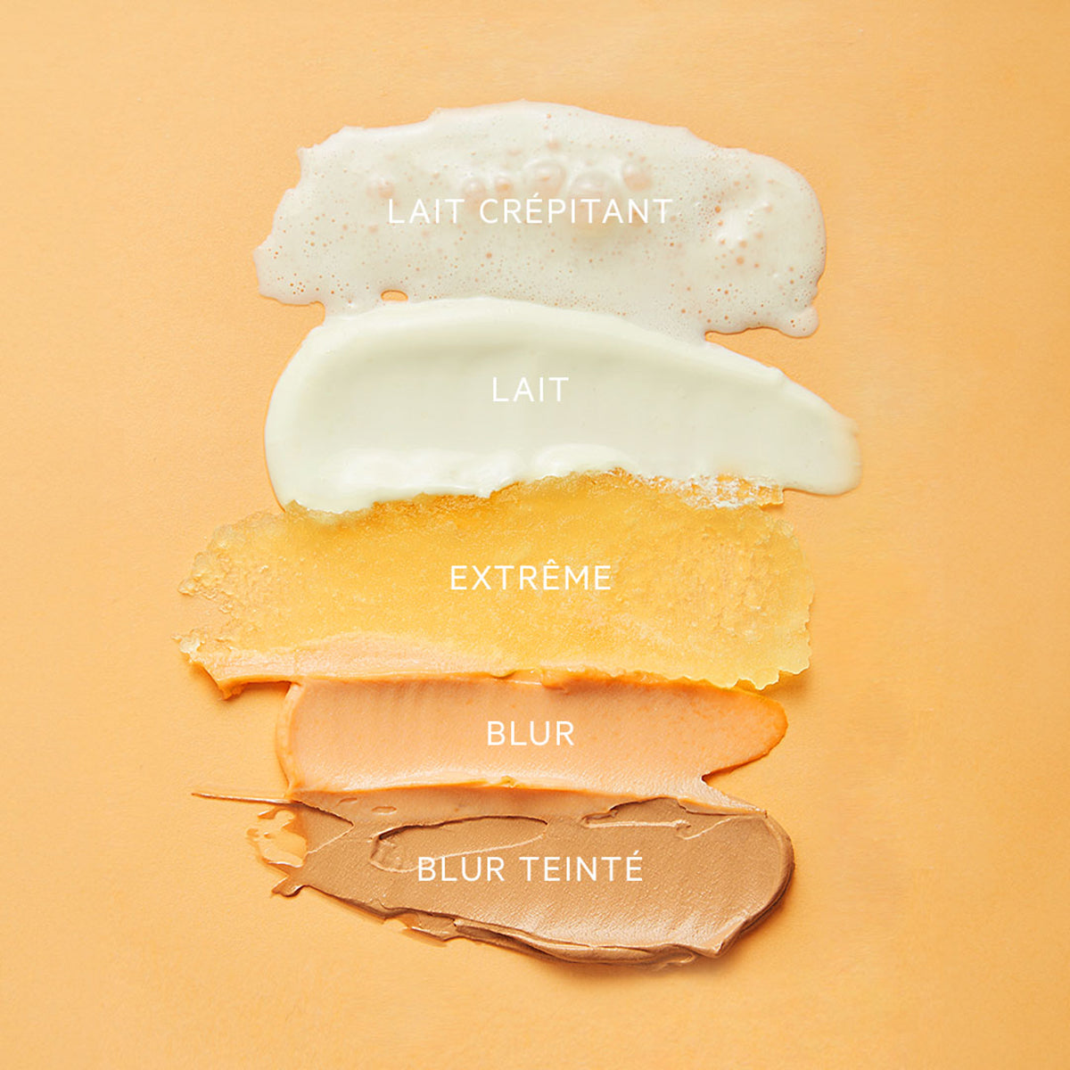 Cinq textures de crème solaire SVR Sun Secure étalées sur fond orange, incluant les versions Blur et Blur Teinté.