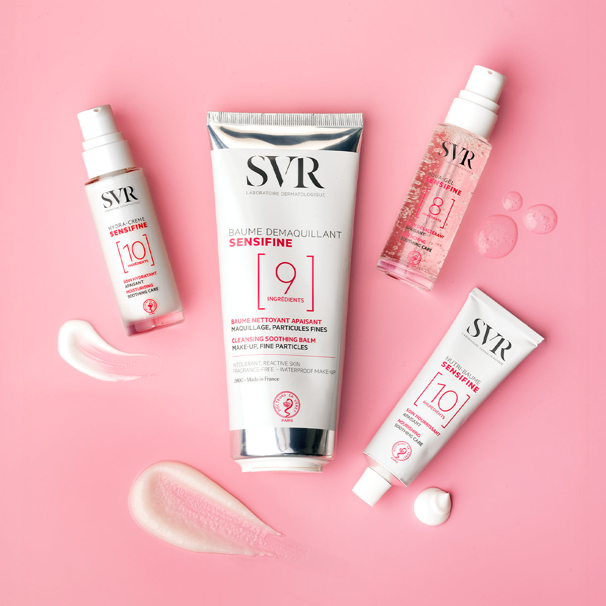 SVR Sensifine skincare collection featuring a cleansing balm, hydra cream, and aqua-gel on a soft pink background.