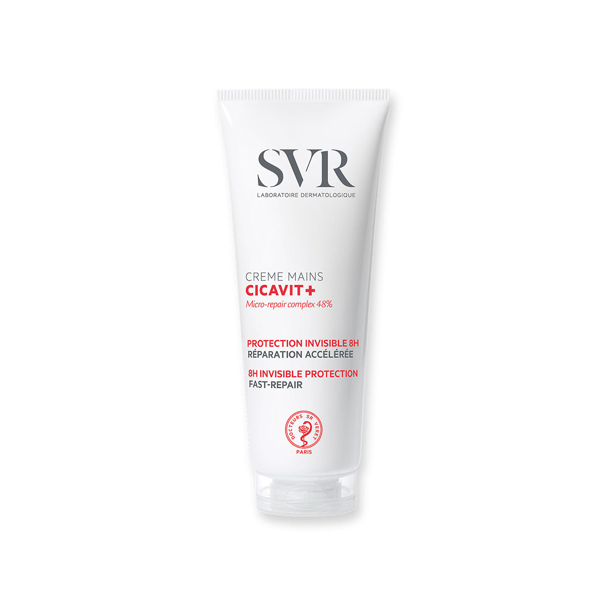 Tube blanc de crème mains SVR Cicavit+ avec texte rouge et noir sur fond blanc, format 75ml pour réparation intensive.
