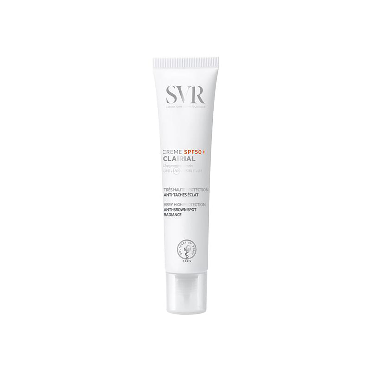 Tube blanc de crème solaire SVR Clairial SPF50+ anti-taches brunes pour le visage, format 40ml avec bouchon transparent.