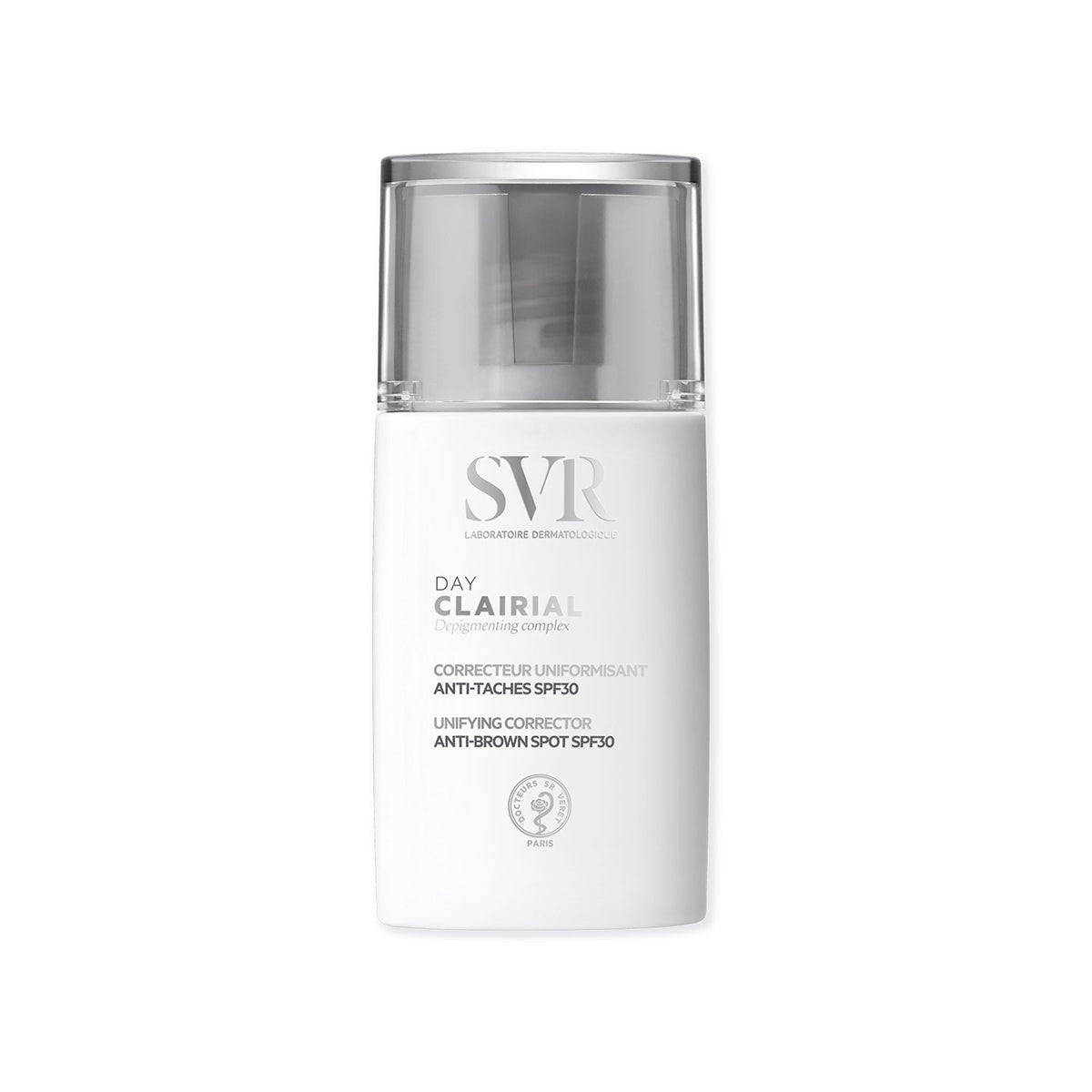 Flacon pompe blanc SVR Clairial Day, soin correcteur anti-taches SPF30 avec bouchon transparent.