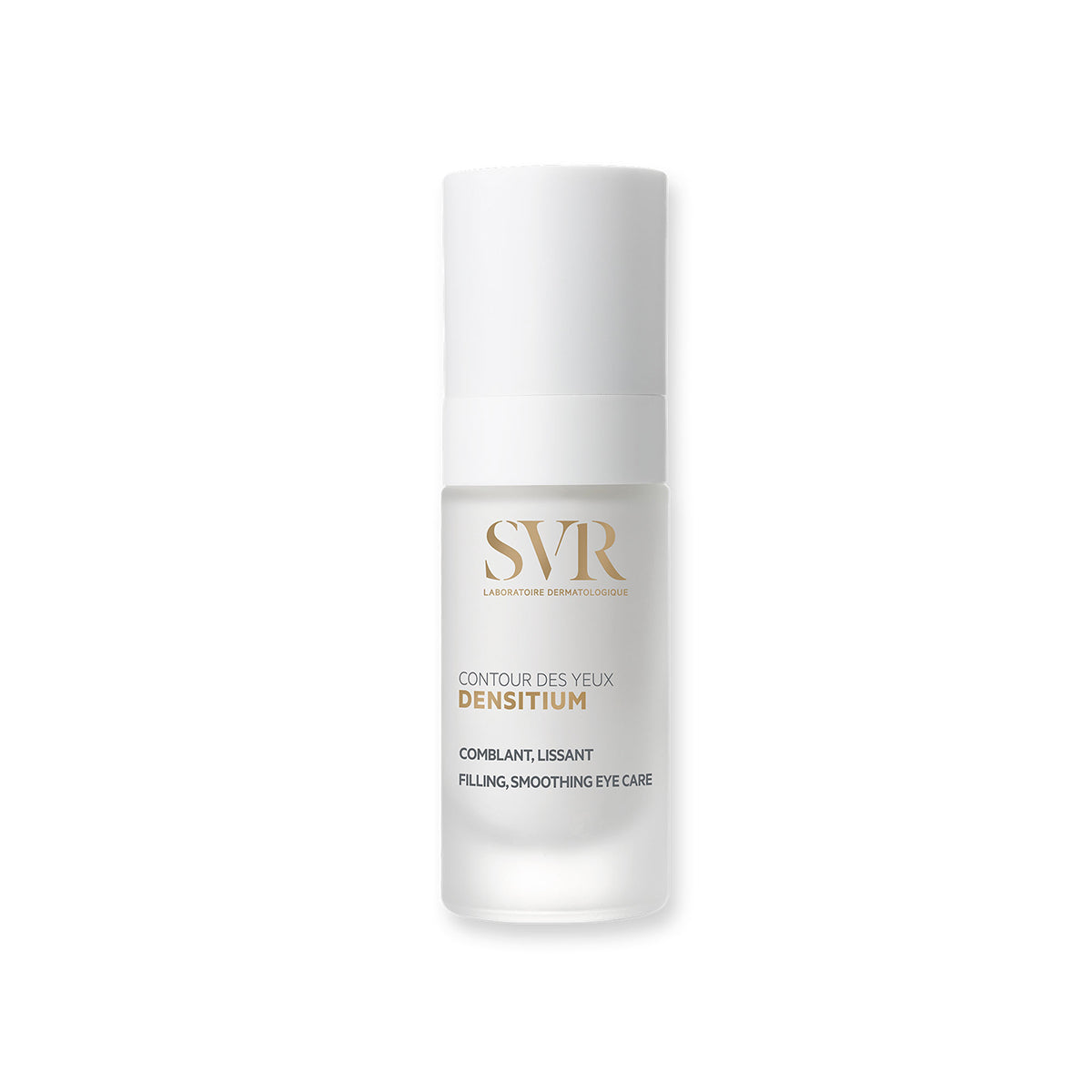 Flacon pompe SVR DENSITIUM Contour des Yeux en verre dépoli blanc avec bouchon assorti et lettrage doré.