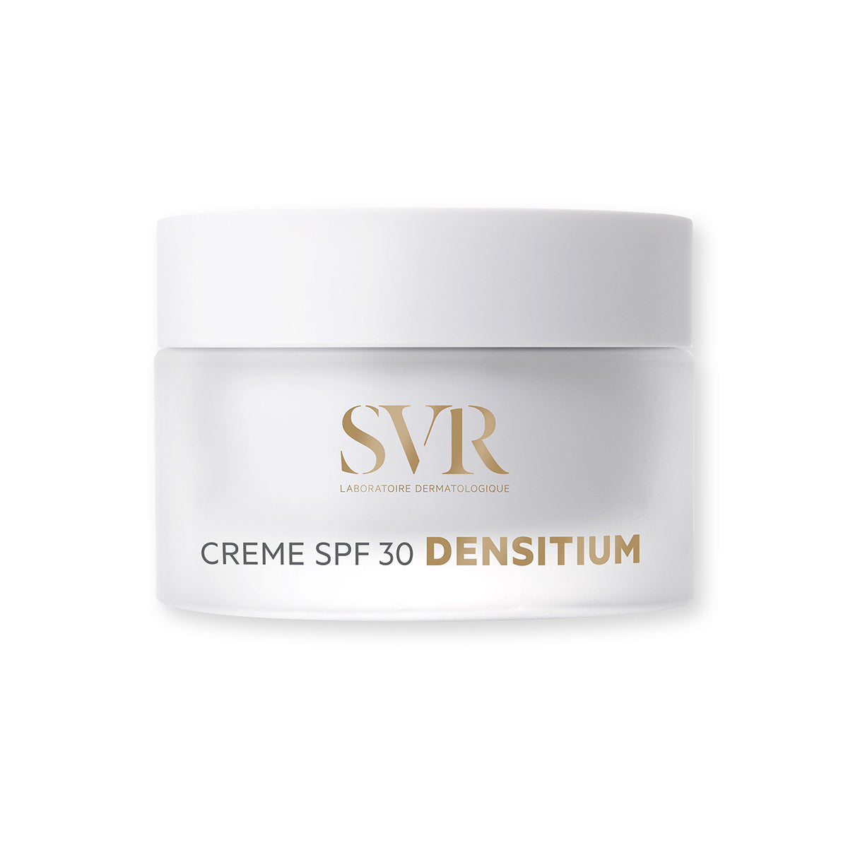 SVR Densitium SPF30 face cream in a frosted glass jar with a white lid and elegant gold lettering.