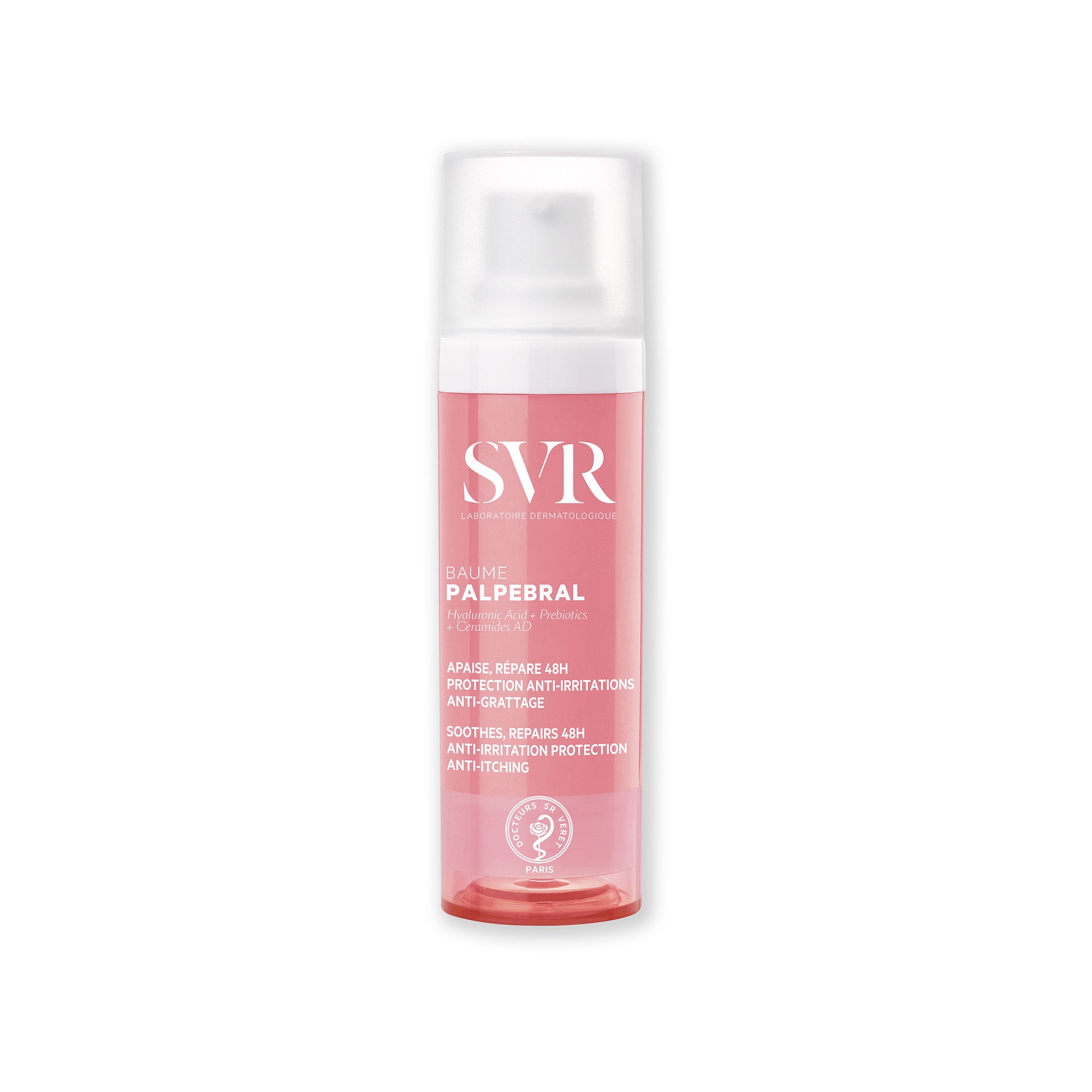 Flacon pompe SVR PALPEBRAL Baume rose et blanc pour le contour des yeux, format 15ml avec bouchon transparent.