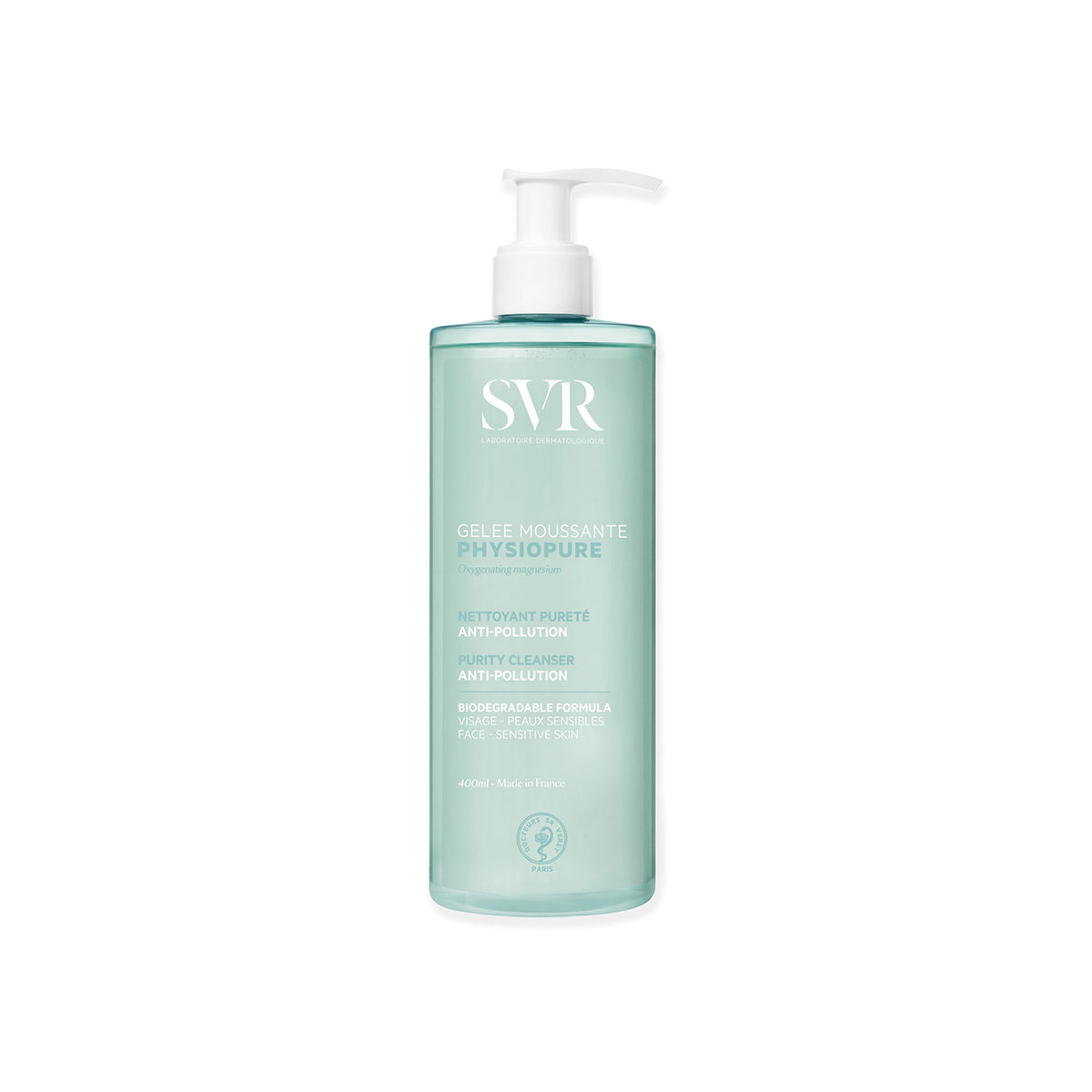 Flacon pompe SVR Physiopure Gelée Moussante 400ml, nettoyant visage purifiant en plastique bleu translucide sur fond blanc.