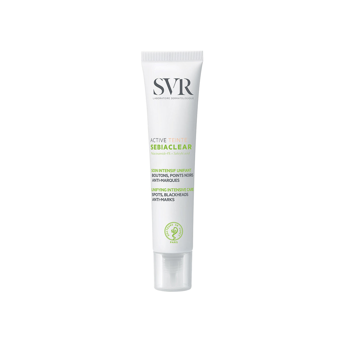Tube blanc SVR Sebiaclear Active Teinté de 40ml avec bouchon transparent pour peaux à imperfections sur fond blanc.