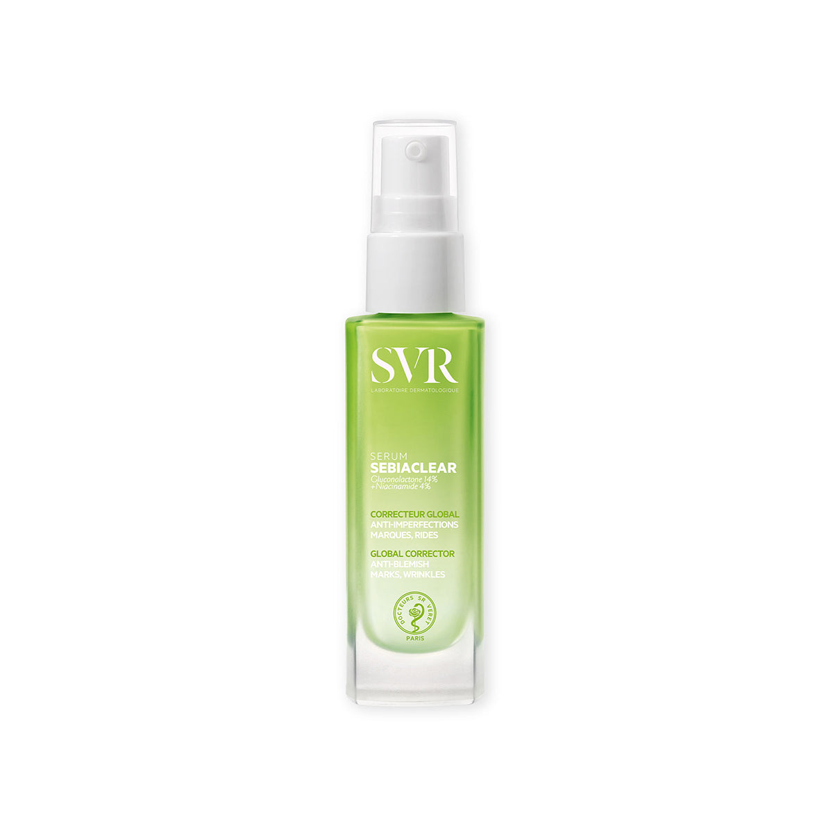 Flacon pompe SVR SEBIACLEAR Sérum anti-imperfections et anti-rides dans un contenant en verre dégradé vert translucide.