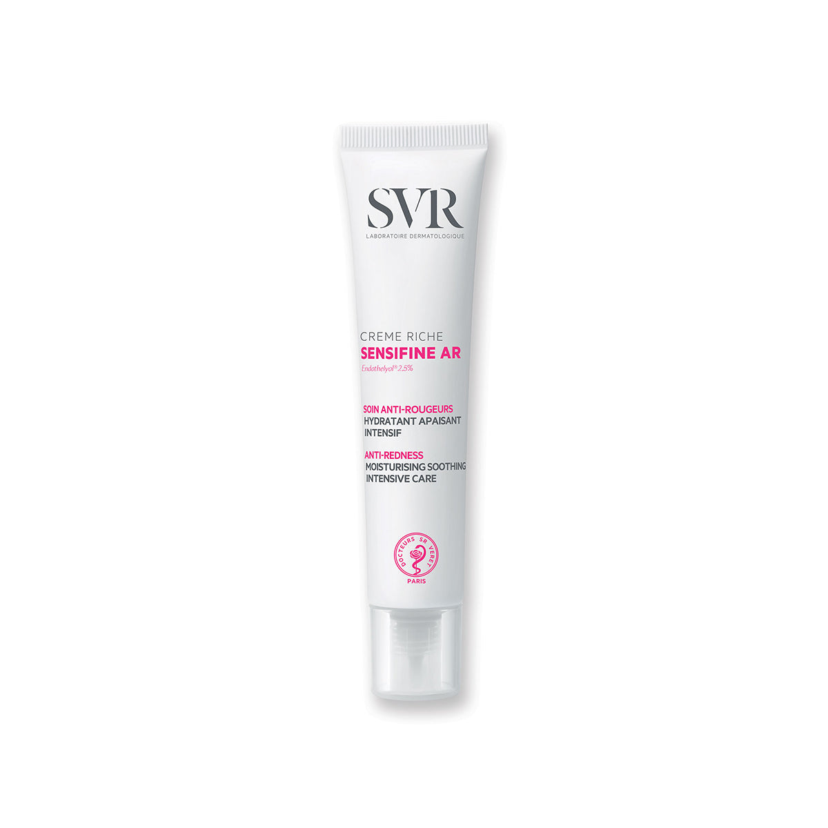 Tube blanc de crème anti-rougeurs SVR Sensifine AR Crème Riche avec bouchon transparent sur fond blanc.