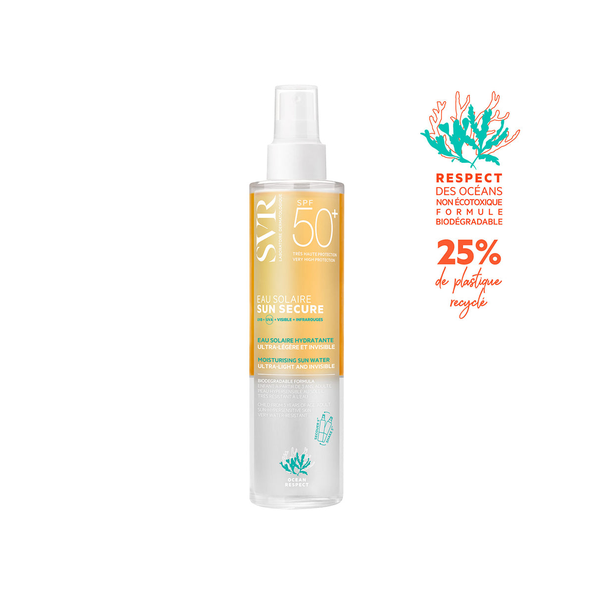 Flacon spray SVR Sun Secure Eau Solaire SPF50+ avec formule biodégradable et emballage en plastique recyclé.