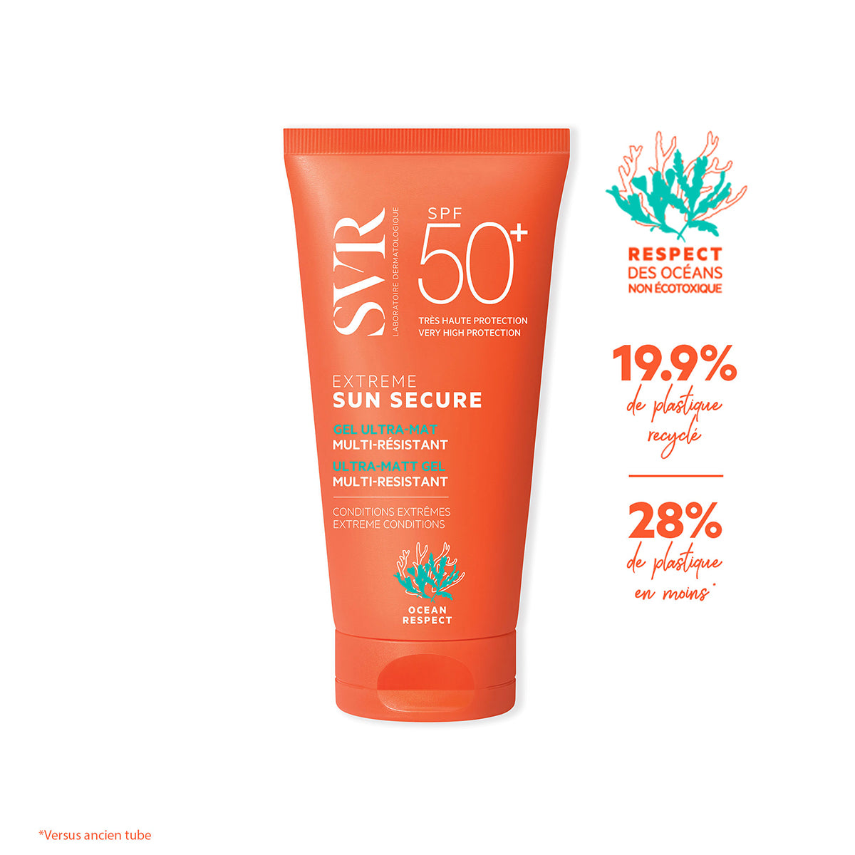 Tube de gel solaire SVR Sun Secure Extrême SPF50+ orange, format 50ml, avec logo Ocean Respect et informations sur le recyclage.