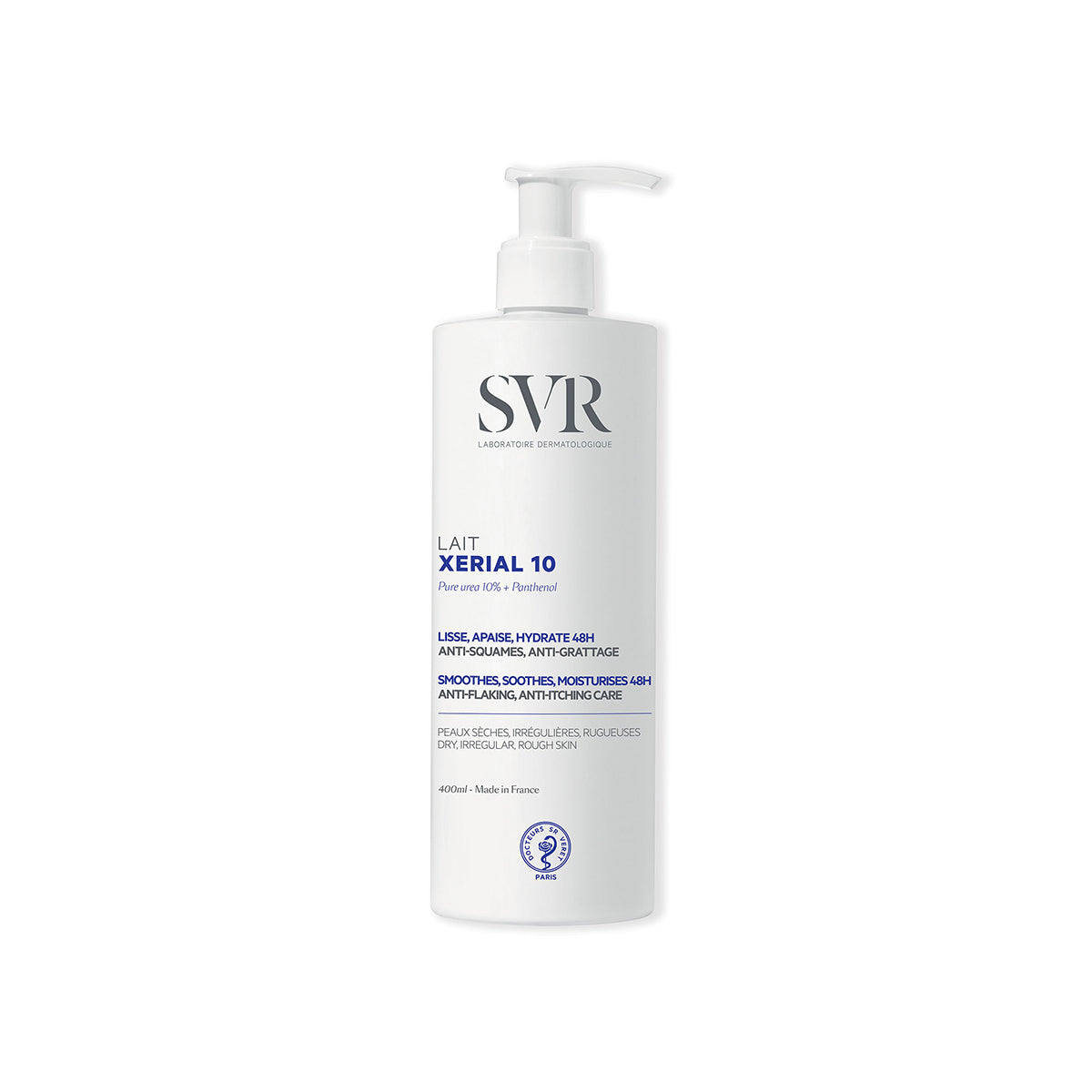 Flacon pompe blanc de 400ml de lait hydratant SVR Xerial 10 pour peaux sèches et rugueuses avec texte informatif bleu.