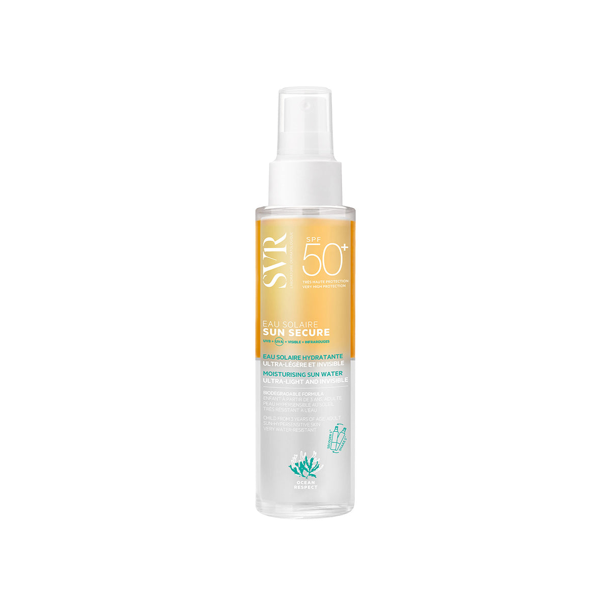 Flacon spray SVR SUN SECURE Eau Solaire SPF50+ avec étiquette dégradé orange et blanc, texture bi-phase, 200ml.