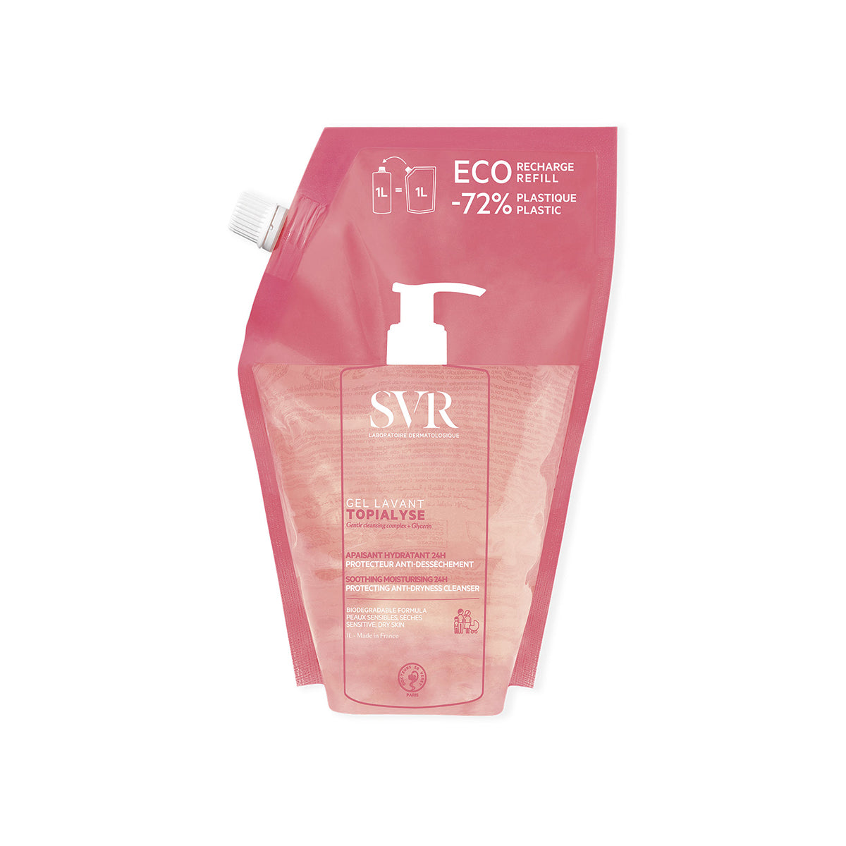 Éco-recharge 1L SVR Topialyse Gel Lavant rose, nettoyant doux hydratant pour peaux sensibles en sachet souple avec bouchon.