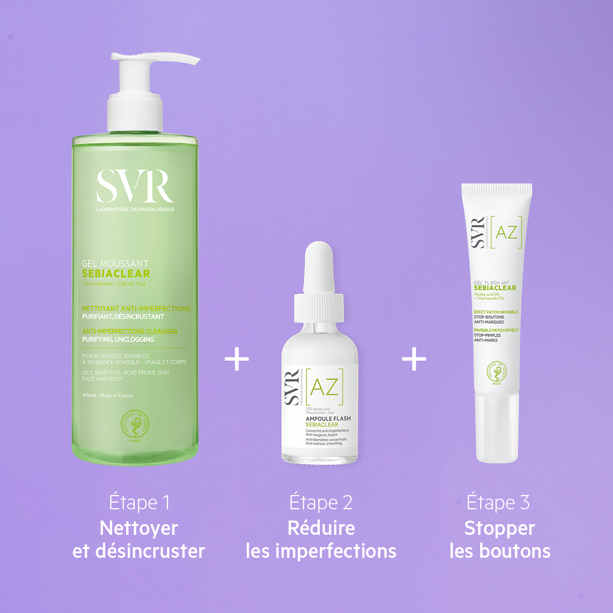 SVR Sebiaclear three-step skincare routine with green cleanser pump bottle, serum dropper, and blemish treatment tube.