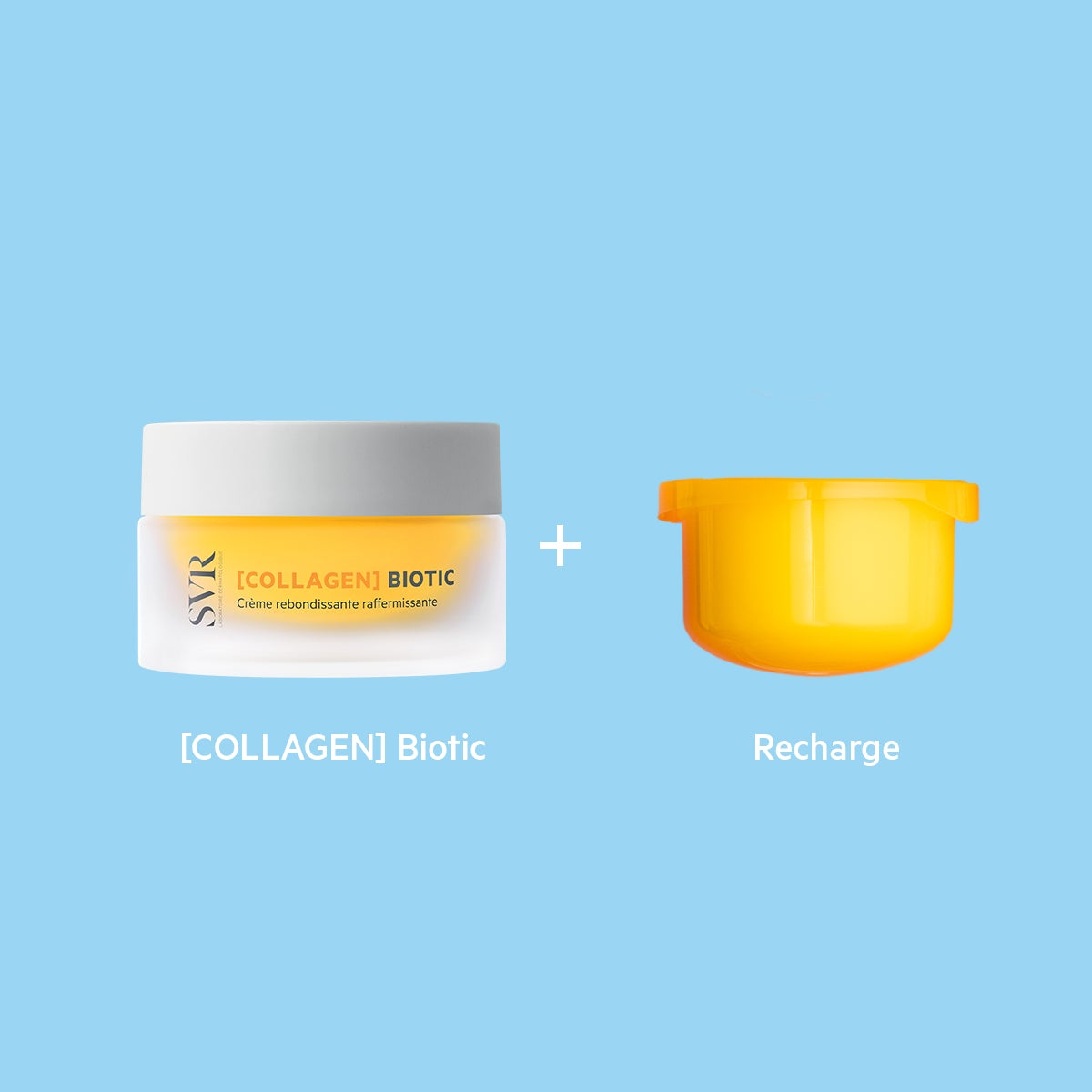 SVR Collagen Biotic cream jar with a white lid and a separate yellow refill pod on a light blue background.