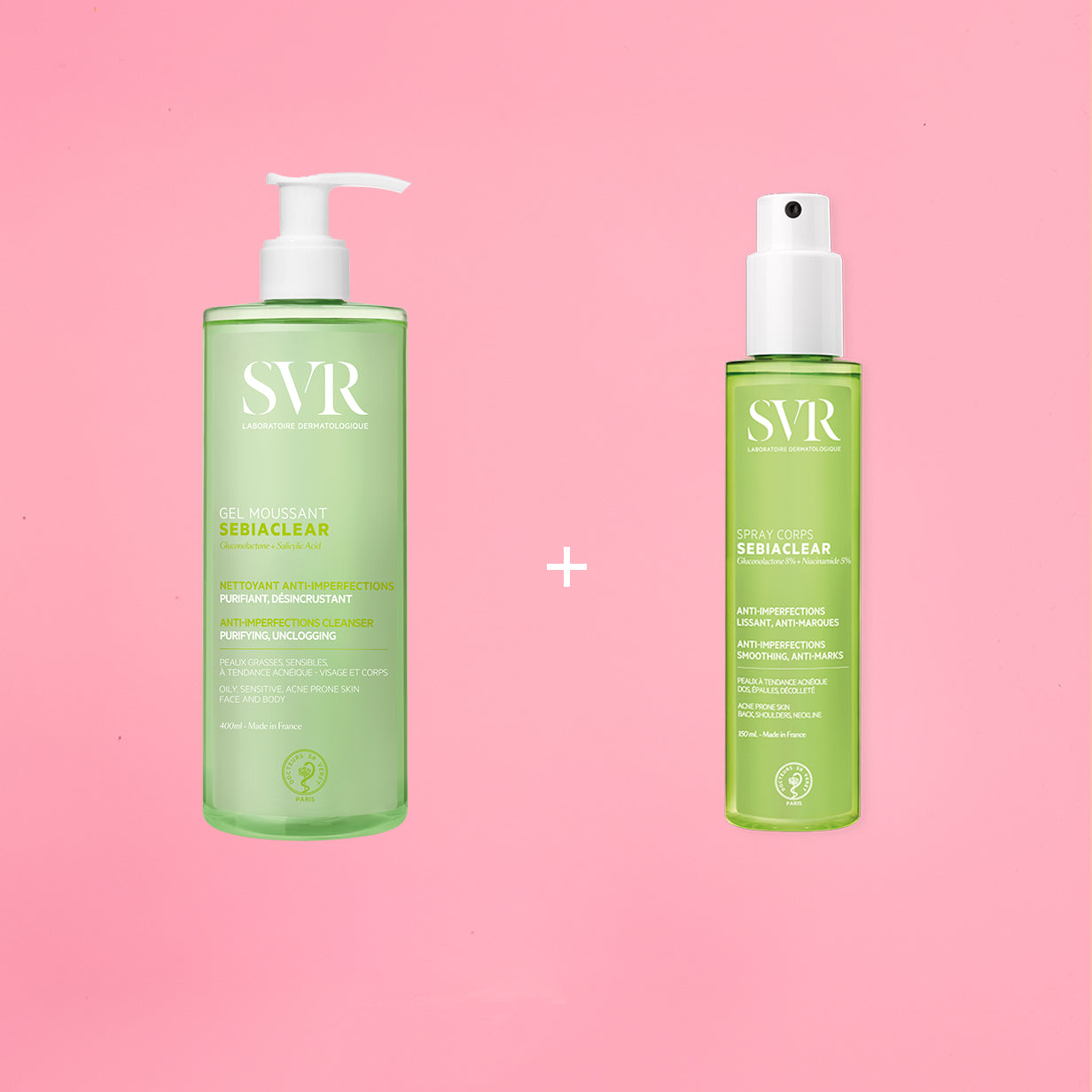 SVR Sebiaclear purifying cleanser pump bottle and smoothing body spray on a pink background.