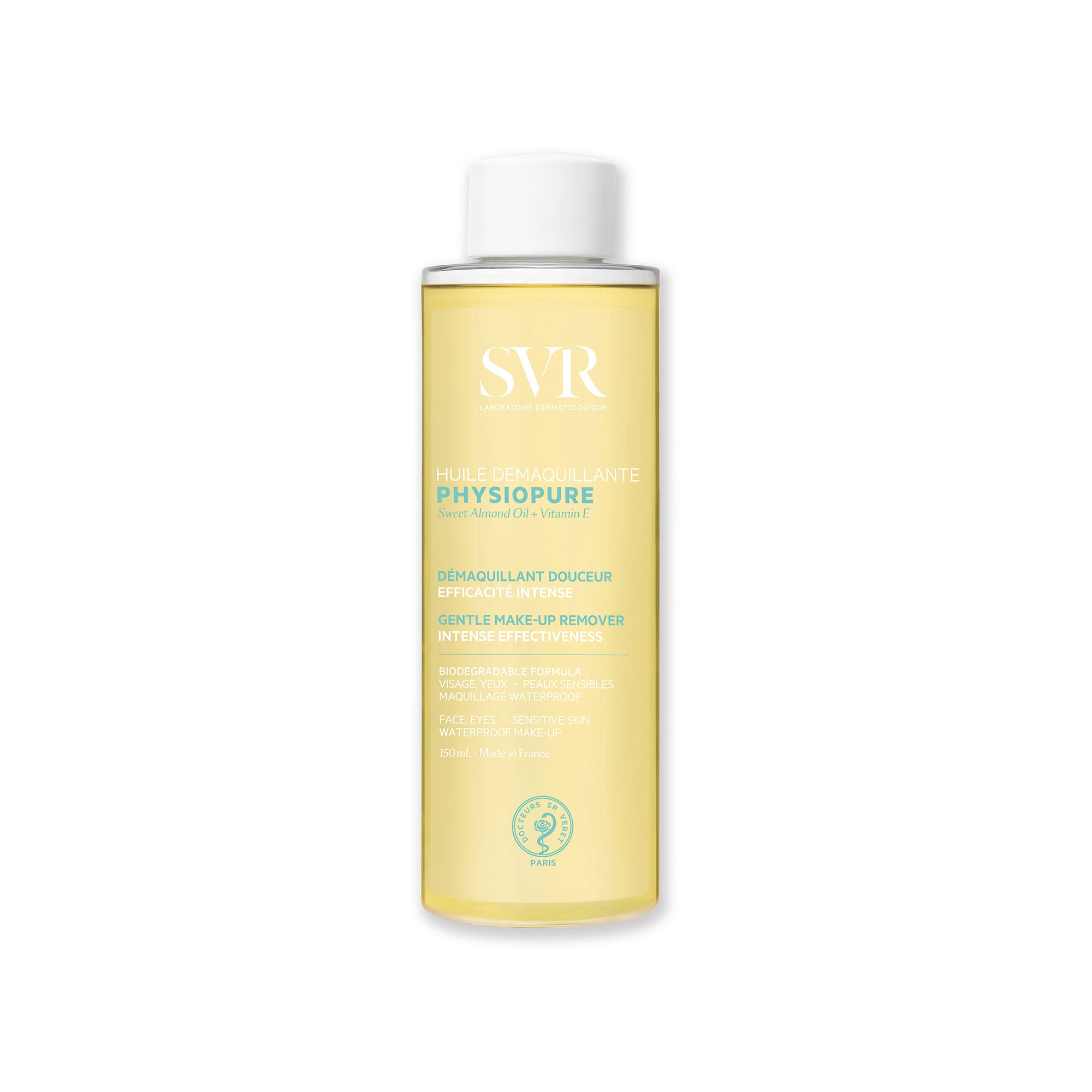 Flacon transparent de 150 ml d'huile démaquillante SVR Physiopure avec bouchon blanc et liquide jaune doré.