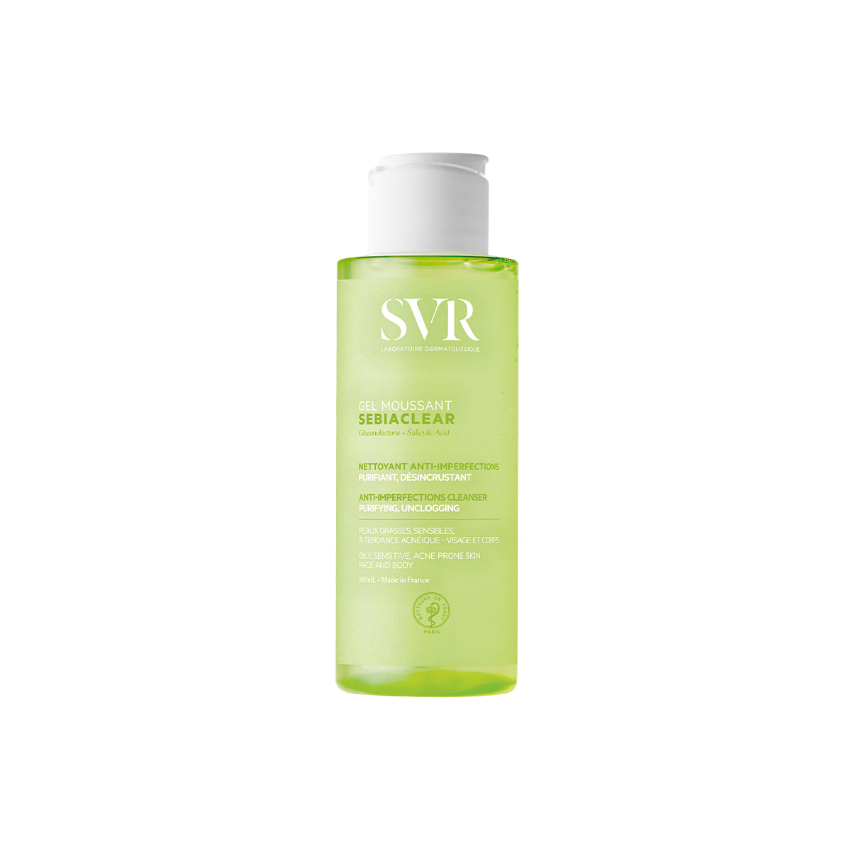 Flacon transparent de gel moussant SVR Sebiaclear 100ml pour peaux grasses et acnéiques avec bouchon blanc.