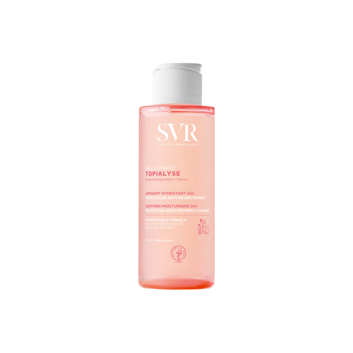 Flacon transparent de gel lavant SVR Topialyse 100ml avec bouchon blanc et liquide rose apaisant pour peaux sensibles.