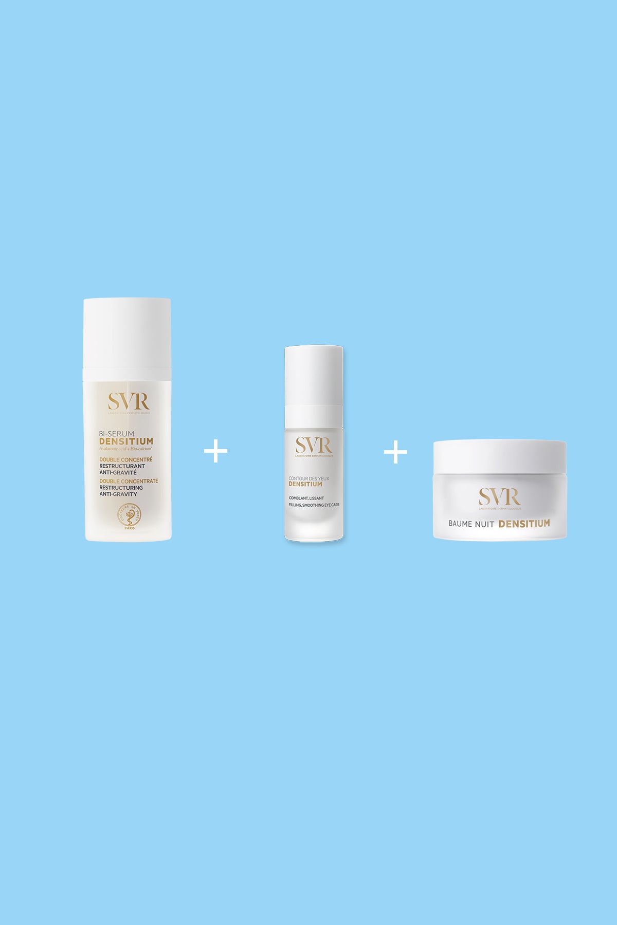 SVR Densitium night routine set with a white serum bottle, eye cream, and face balm jar on a light blue background.