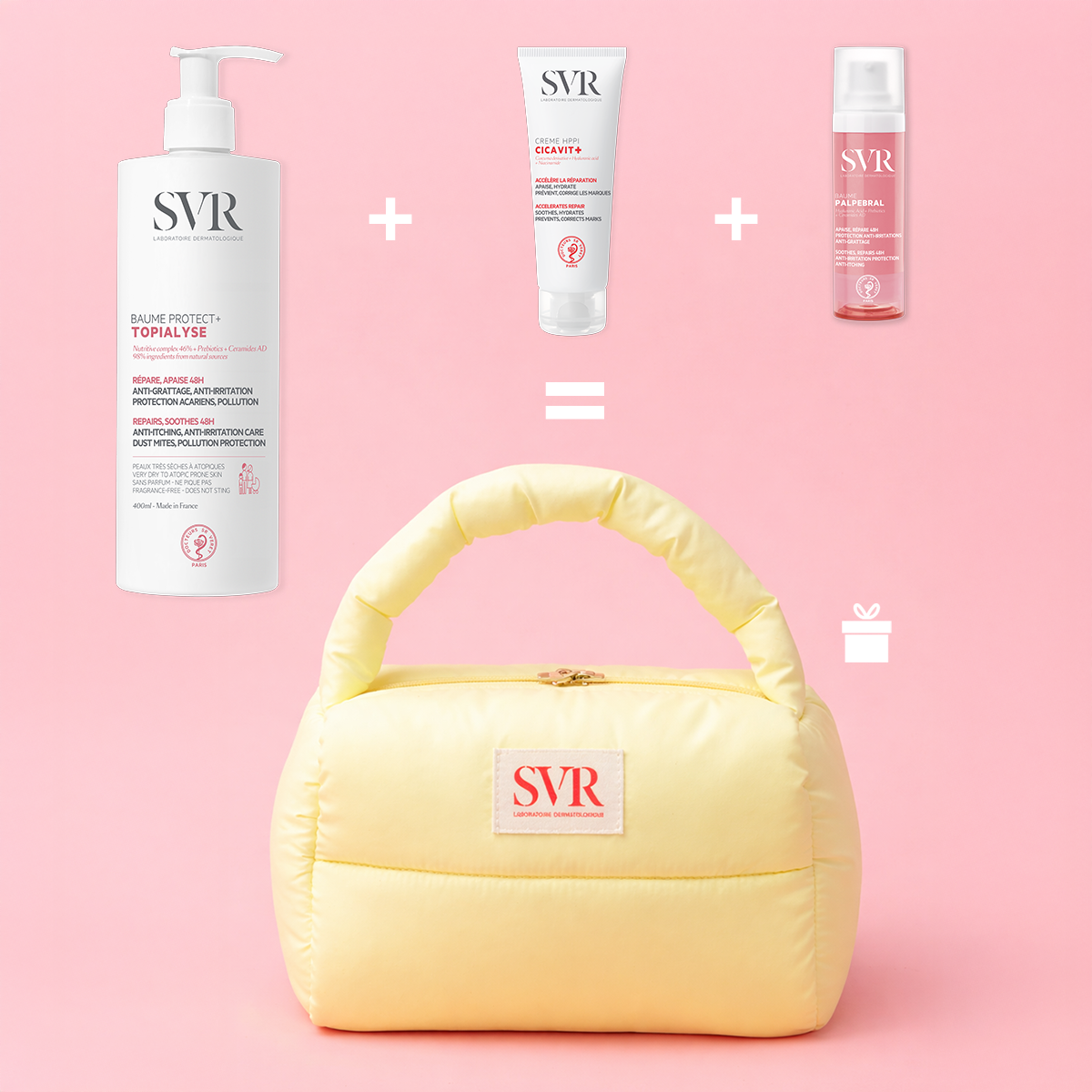 Trousse SVR jaune matelassée avec trois soins dermatologiques pour peaux sèches et abîmées sur fond rose.