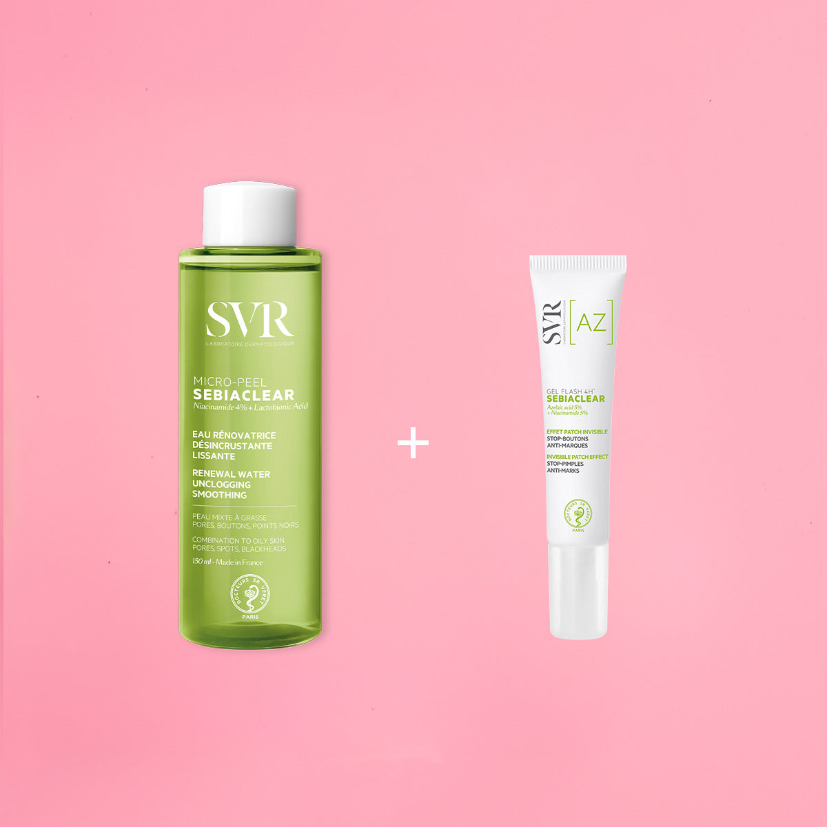 SVR Sebiaclear duo set with green 150ml Micro-Peel bottle and white Gel Flash 4H tube on a pink background.