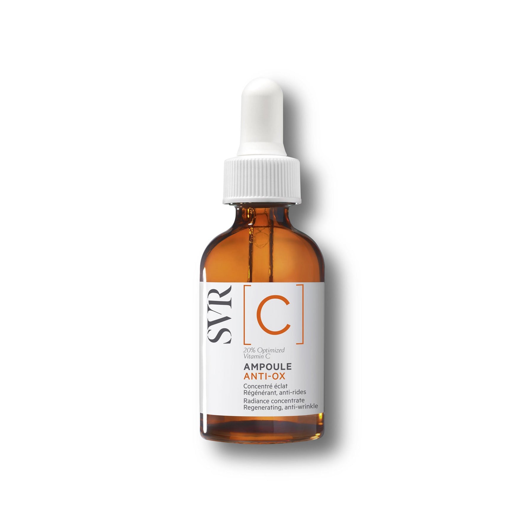 Flacon en verre ambré de sérum SVR Ampoule Anti-Ox avec pipette blanche et étiquette minimaliste orange et noire.