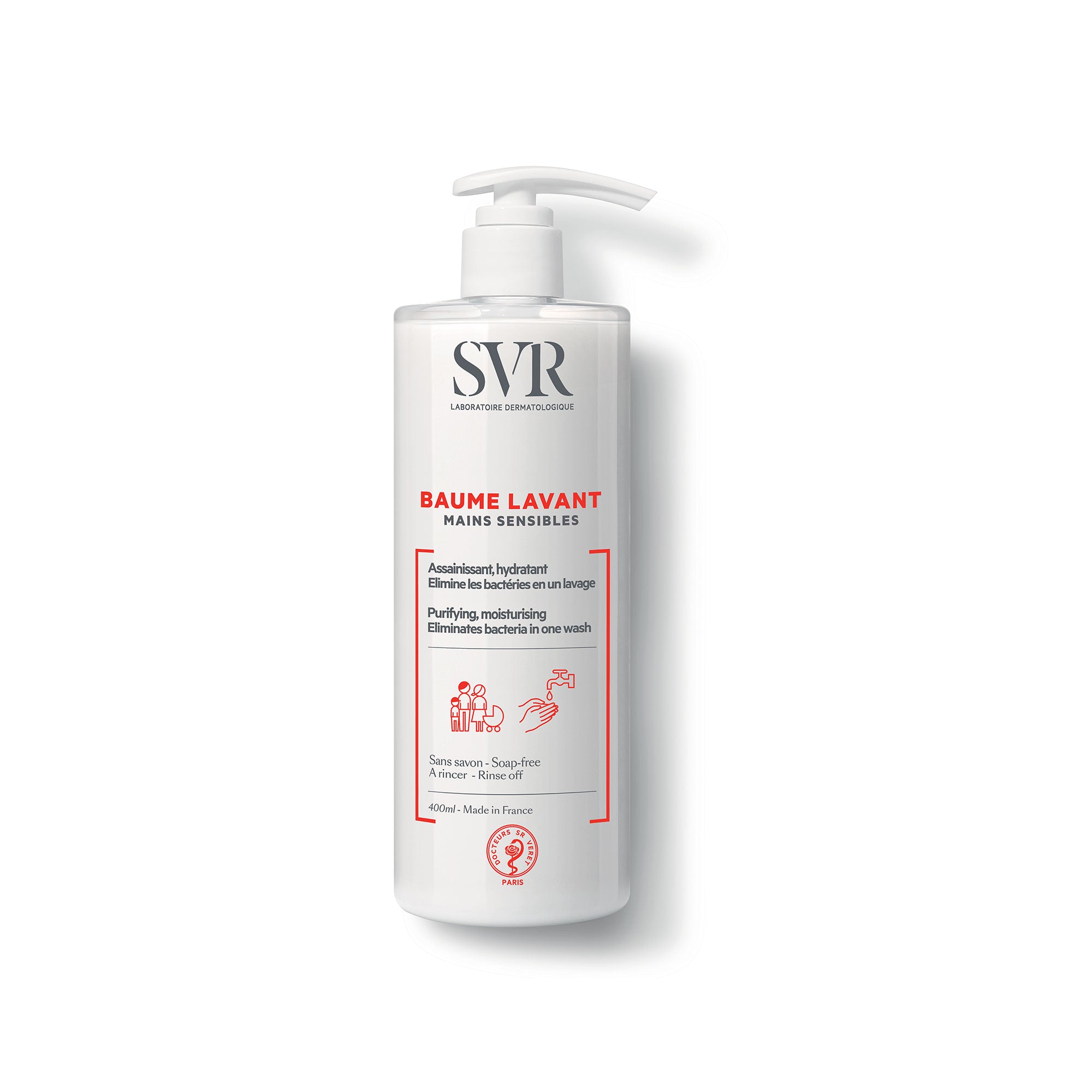 Flacon pompe blanc de 400ml de Baume Lavant Mains Sensibles SVR avec étiquette informative et design épuré.