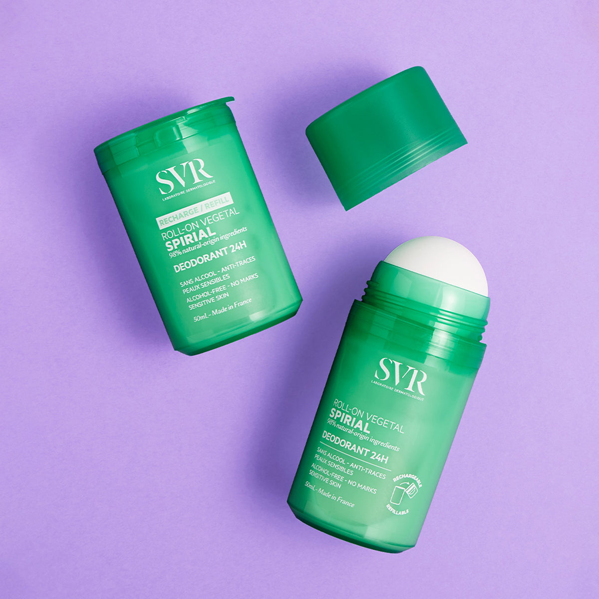 Déodorant roll-on SVR Spirial Végétal 50ml et sa recharge verte sur fond violet, formule naturelle sans alcool.