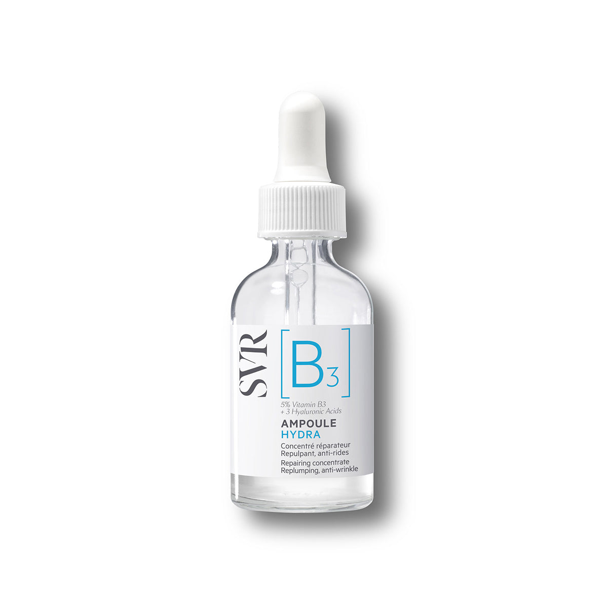 Flacon en verre transparent de sérum SVR Ampoule Hydra avec pipette blanche et étiquette bleue et blanche.