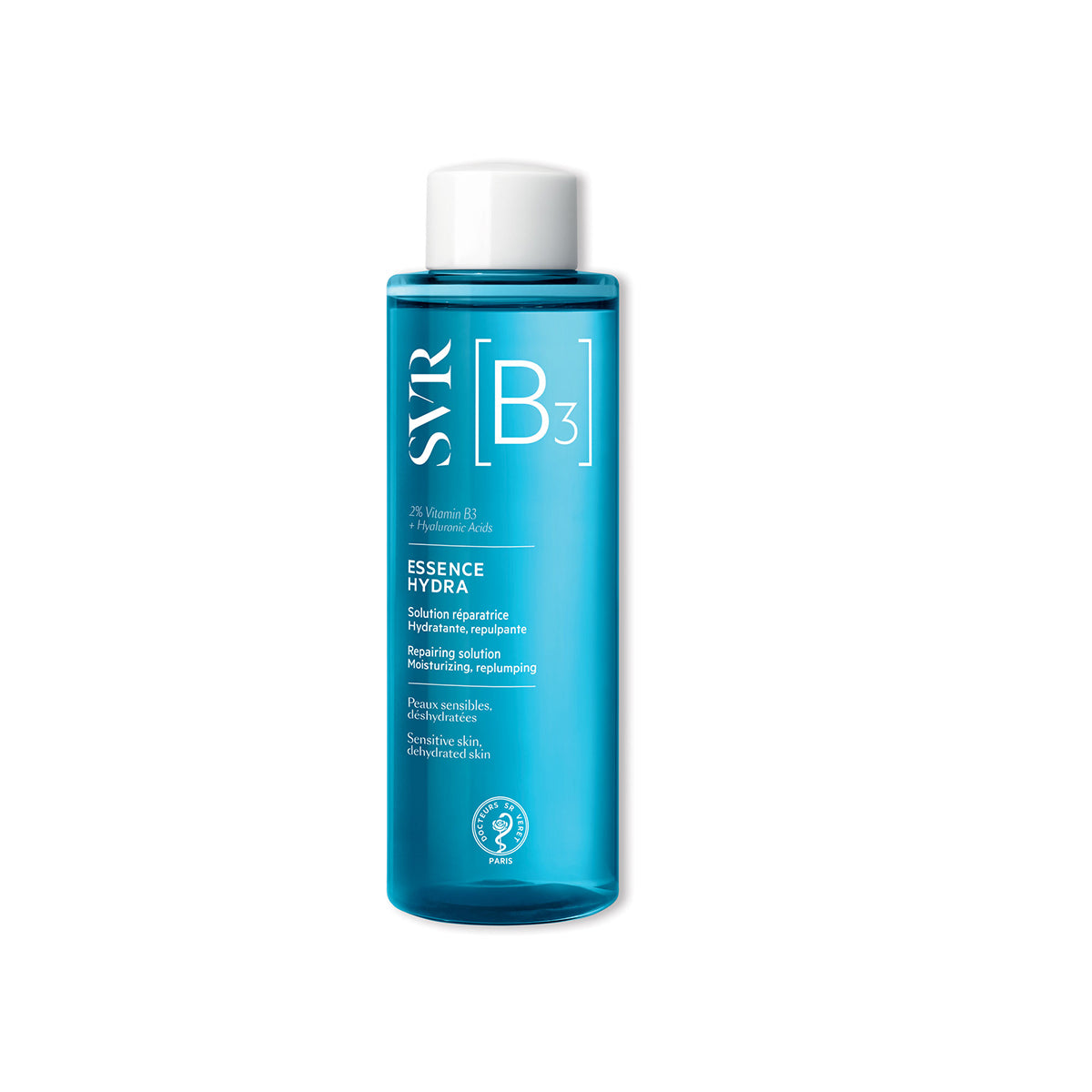 Flacon cylindrique bleu translucide de SVR [B3] Essence Hydra avec bouchon blanc, soin réparateur pour peaux sensibles.