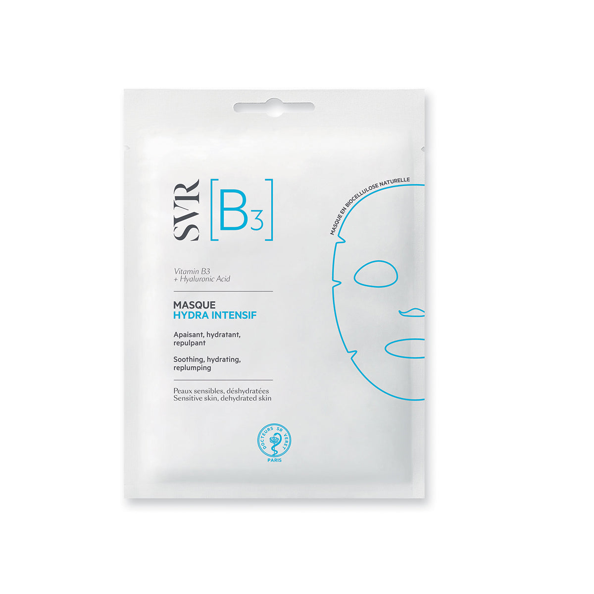 Sachet blanc de masque biocellulose SVR [B3] Hydra Intensif à la vitamine B3 et acide hyaluronique pour peaux sensibles.