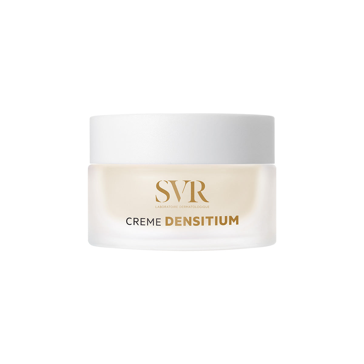 SVR Densitium Creme in a frosted glass jar with a white lid and gold lettering against a white background.