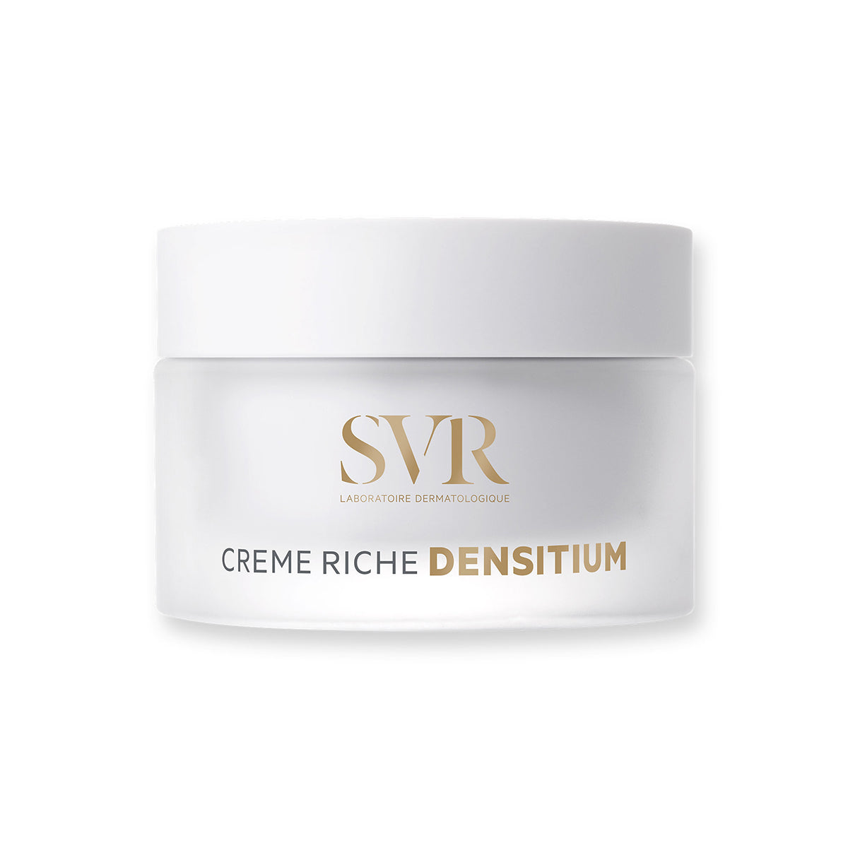 SVR Densitium Crème Riche in a frosted glass jar with a white lid and gold lettering on a white background.