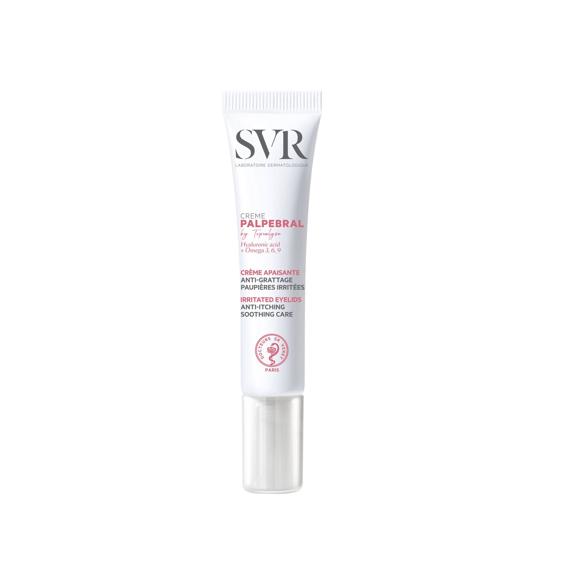 Tube blanc de crème apaisante SVR Palpebral pour paupières irritées avec bouchon transparent et texte informatif.