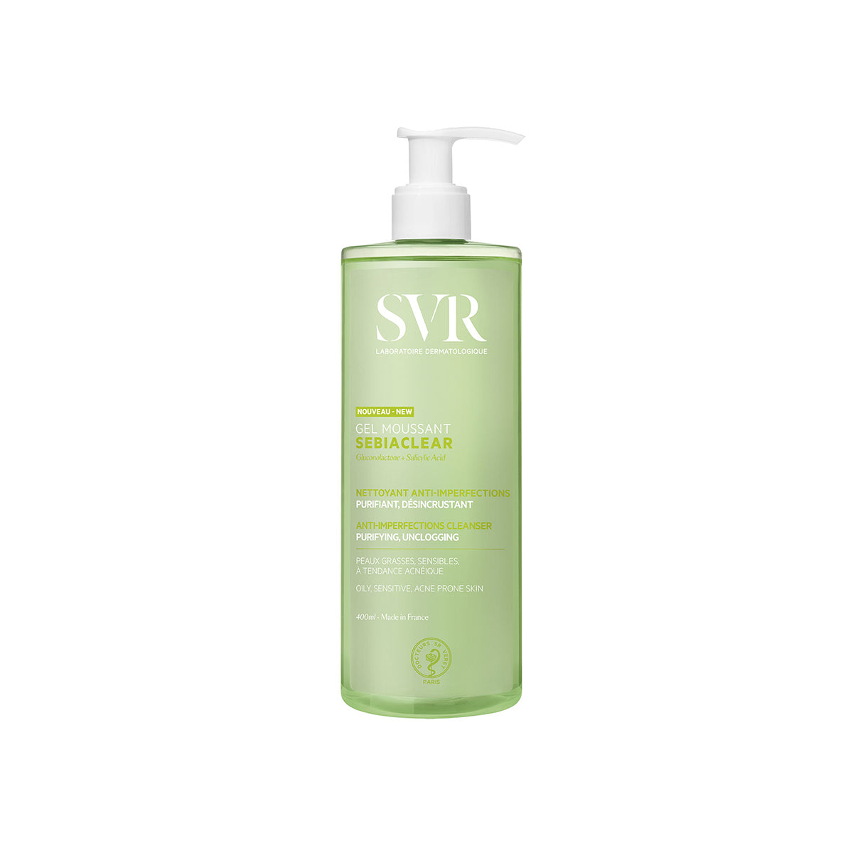 Flacon pompe de 400ml de gel nettoyant SVR Sebiaclear vert translucide pour peaux grasses et à tendance acnéique.