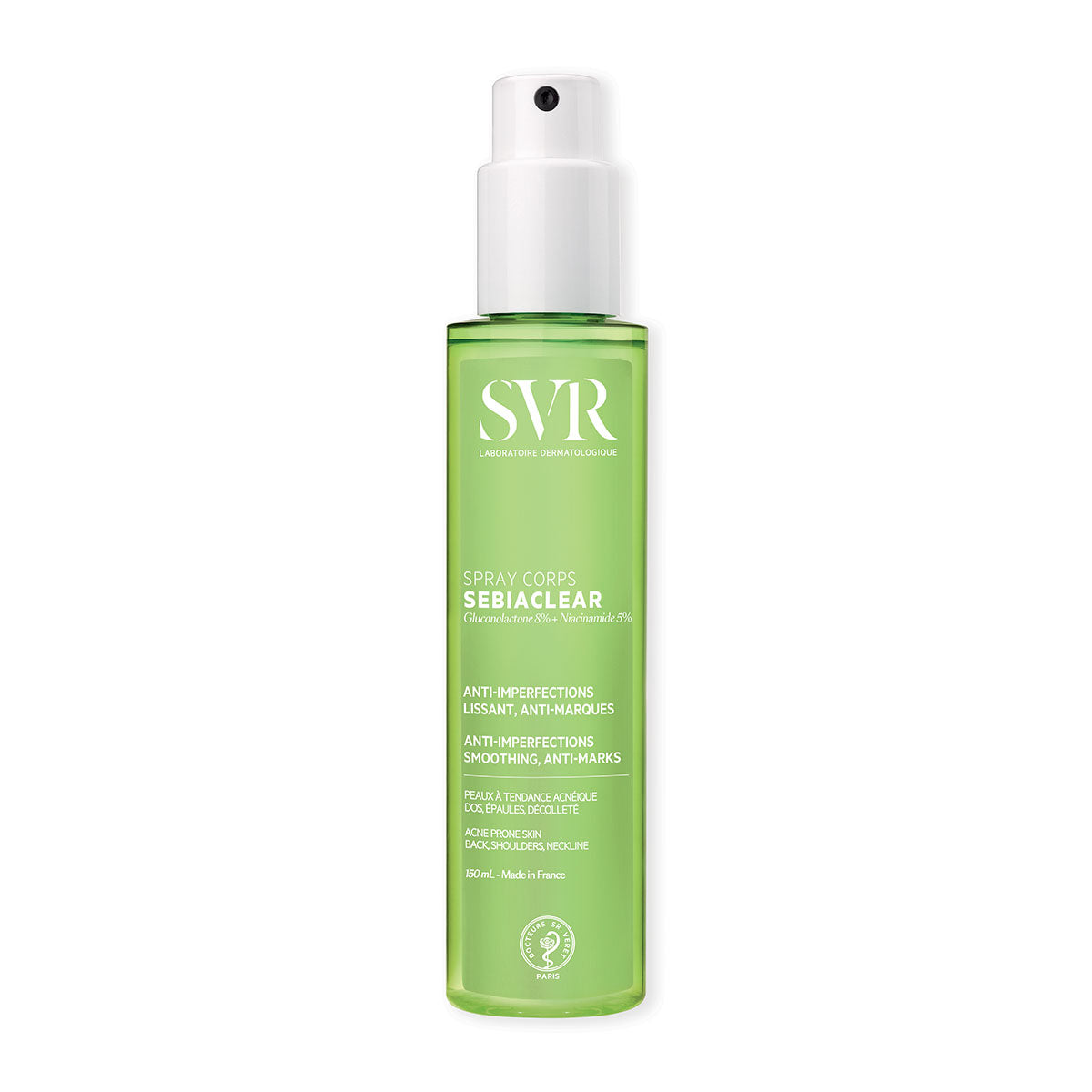 Flacon spray SVR Sebiaclear Corps 150ml vert translucide pour peaux à tendance acnéique, dos, épaules et décolleté.
