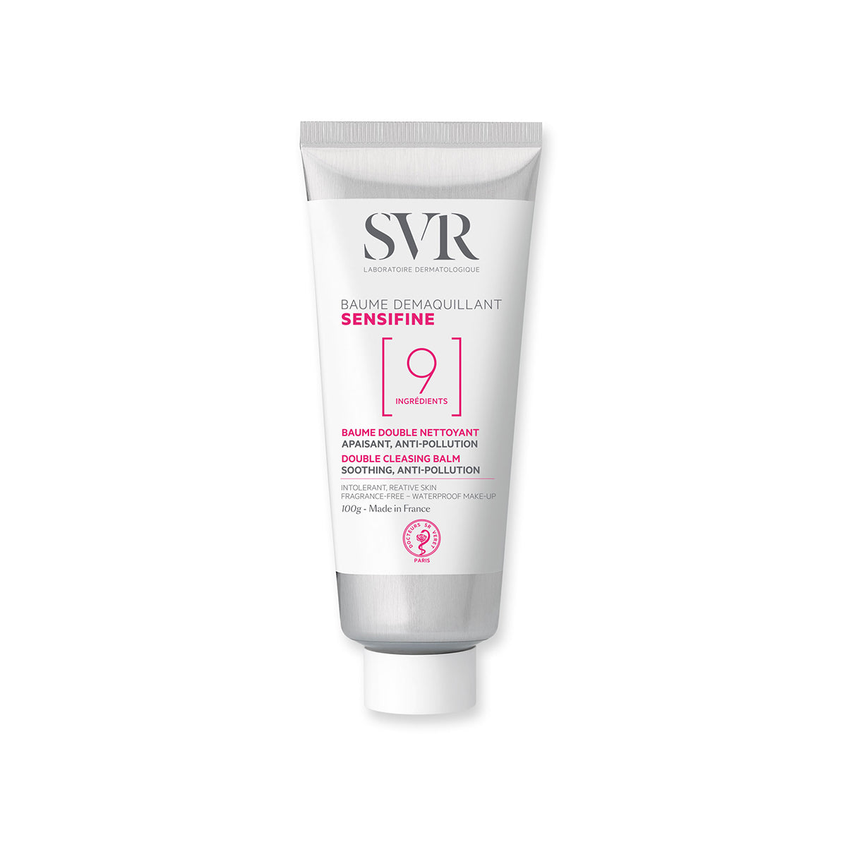 Tube de 100g de baume démaquillant SVR Sensifine blanc et argent pour peaux sensibles, avec bouchon à vis blanc.
