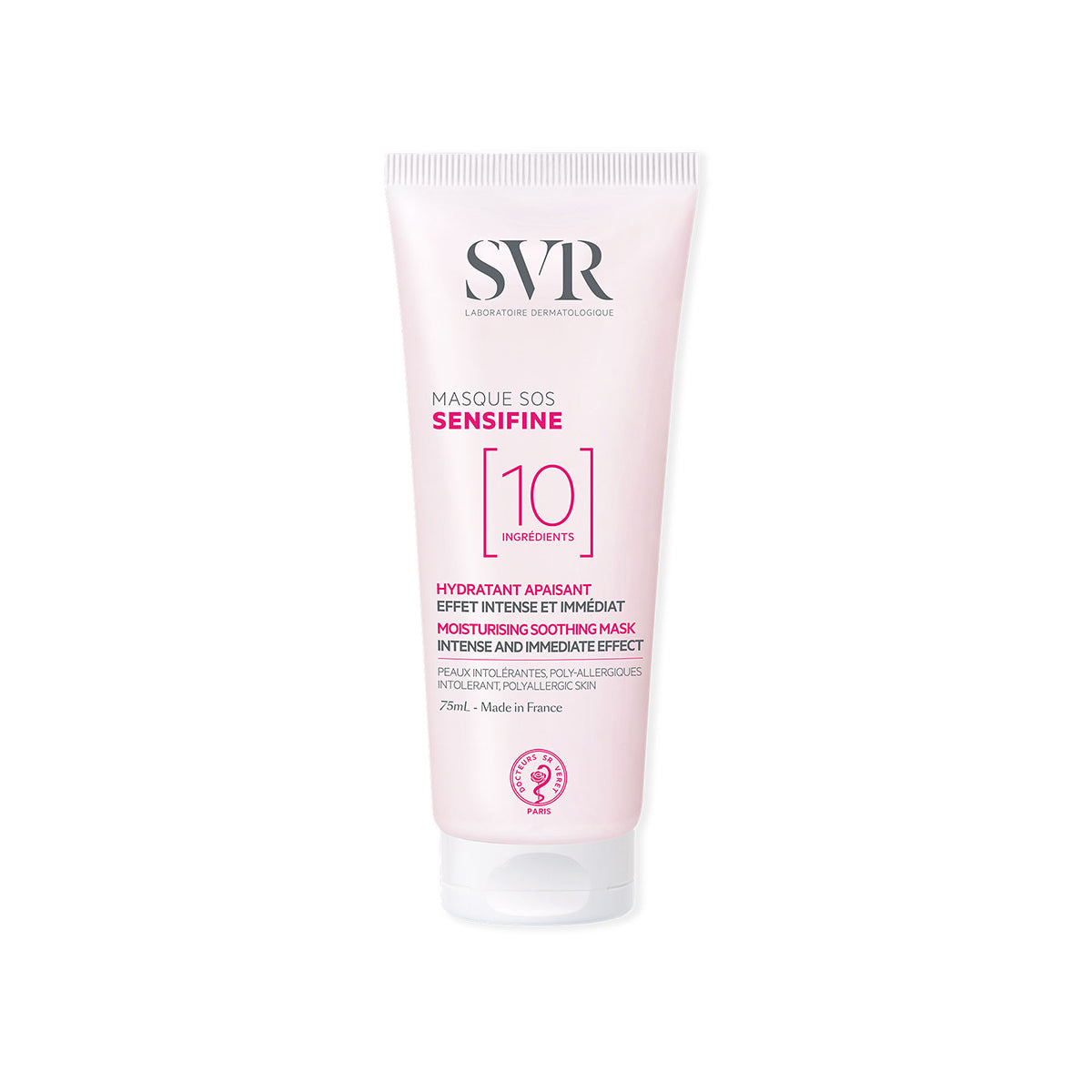 Tube de 75ml SVR Sensifine Masque SOS rose pâle pour peaux sensibles, avec bouchon blanc et texte informatif.