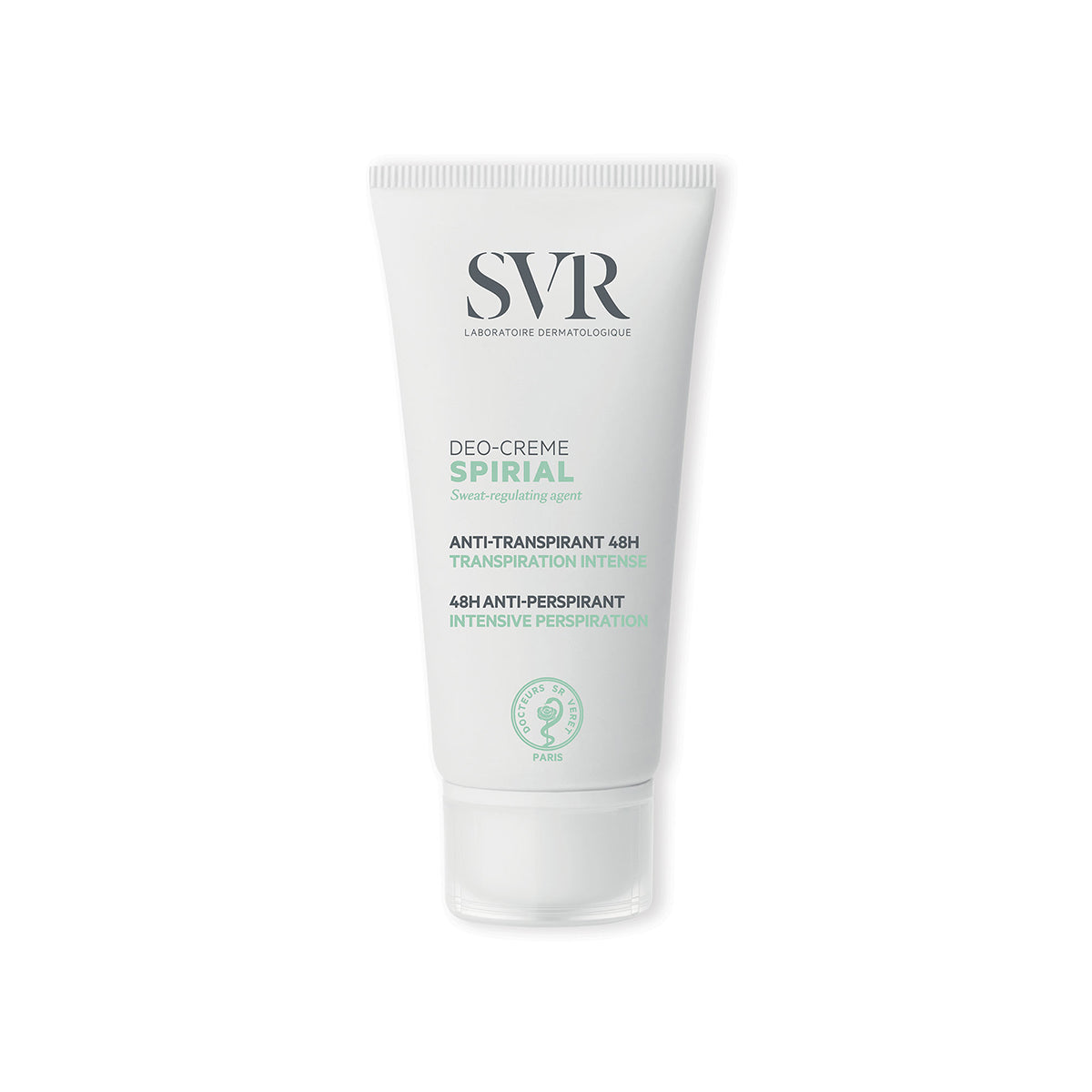 Tube blanc de soin anti-transpirant SVR Spirial Déo-Crème 48h avec bouchon transparent sur fond blanc.