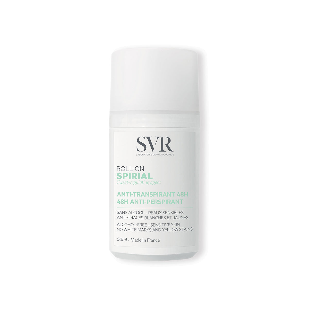 Déodorant roll-on SVR Spirial 50ml blanc avec étiquette minimaliste pour peaux sensibles et anti-transpirant 48h.