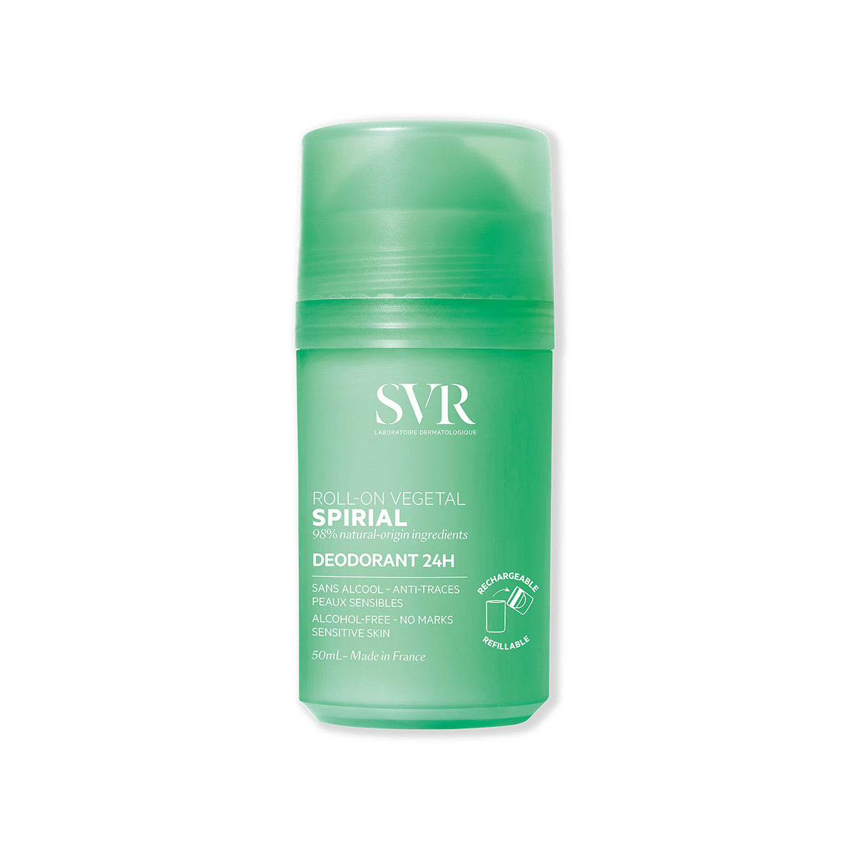 Déodorant roll-on SVR Spirial Végétal 50ml en flacon vert translucide rechargeable pour peaux sensibles.