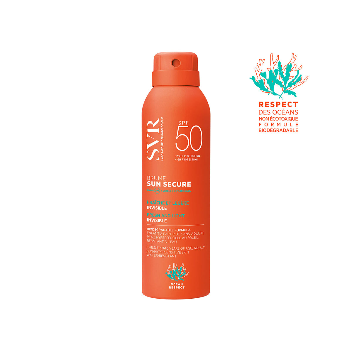 Spray solaire SVR Sun Secure Brume SPF50 orange dans un flacon aérosol avec logo Ocean Respect sur fond blanc.
