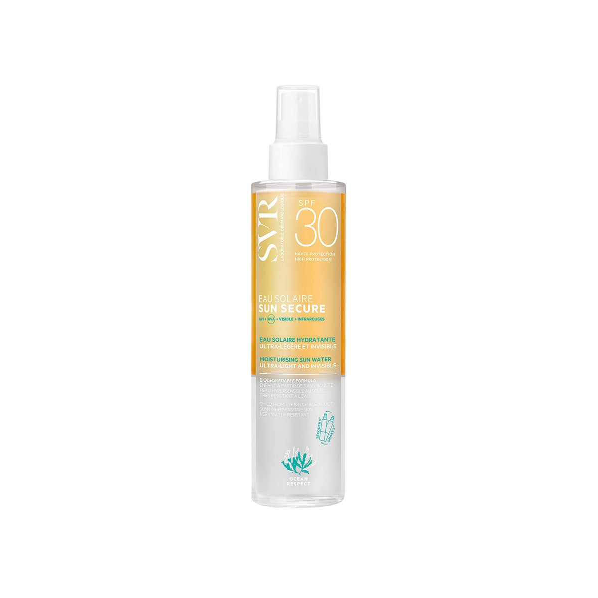 Flacon spray SVR SUN SECURE Eau Solaire SPF30 avec étiquette dégradé orange et blanc, format 200ml.