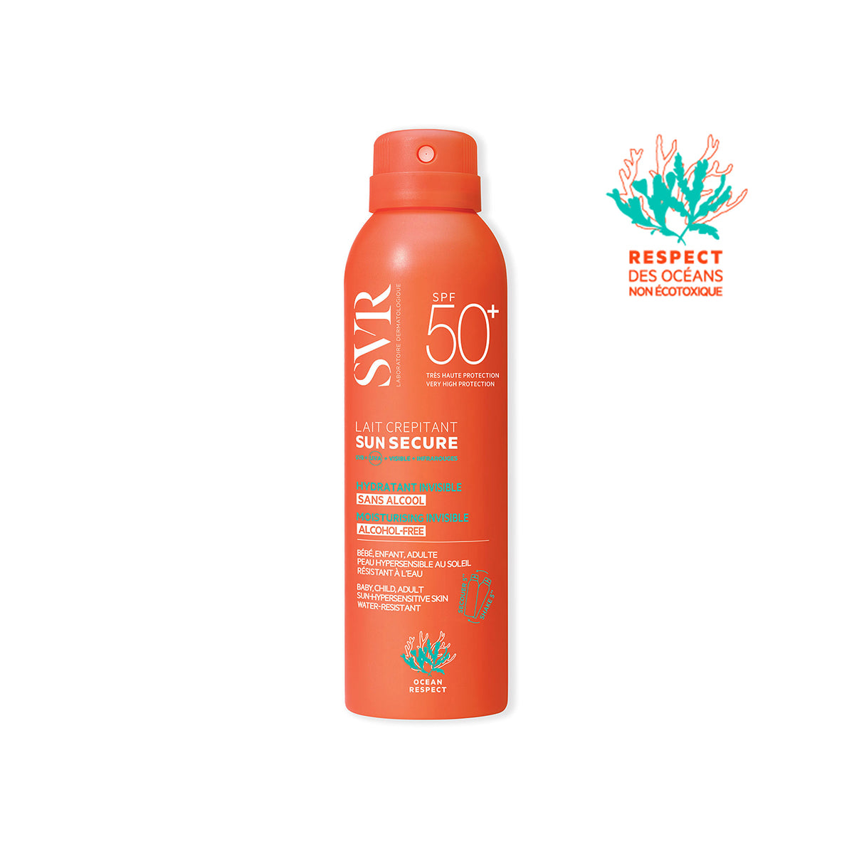 Spray solaire SVR Sun Secure Lait Crépitant SPF50+ dans un flacon orange vif avec logo respectueux des océans.