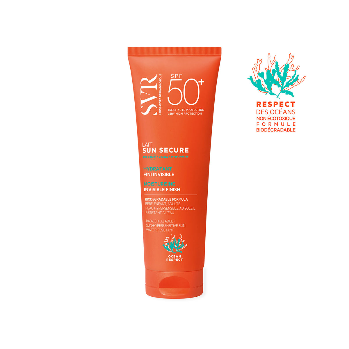 Tube de lait solaire SVR Sun Secure SPF50+ orange avec logo Ocean Respect sur fond blanc.