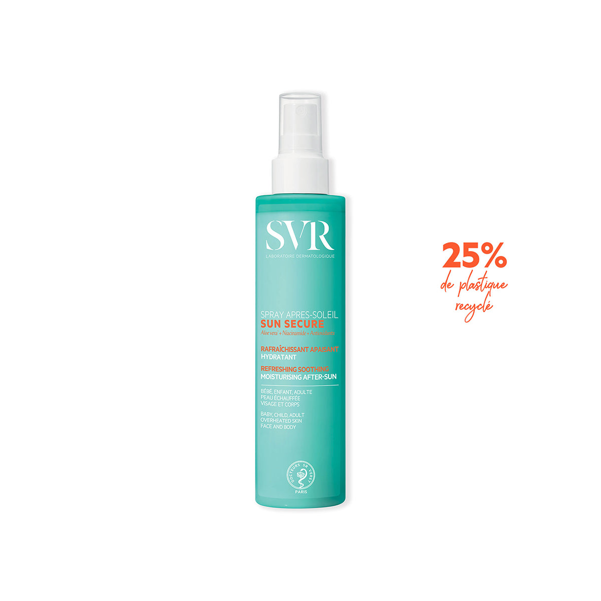 Flacon spray turquoise SVR SUN SECURE Après-Soleil avec texte blanc et orange, mentionnant 25% de plastique recyclé.