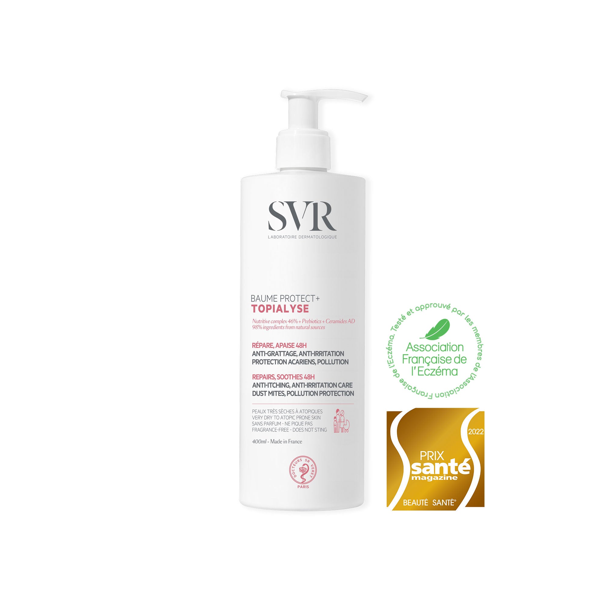 Flacon pompe blanc SVR TOPIALYSE Baume Protect+ 400ml avec logos d'approbation dermatologique et prix santé 2022.
